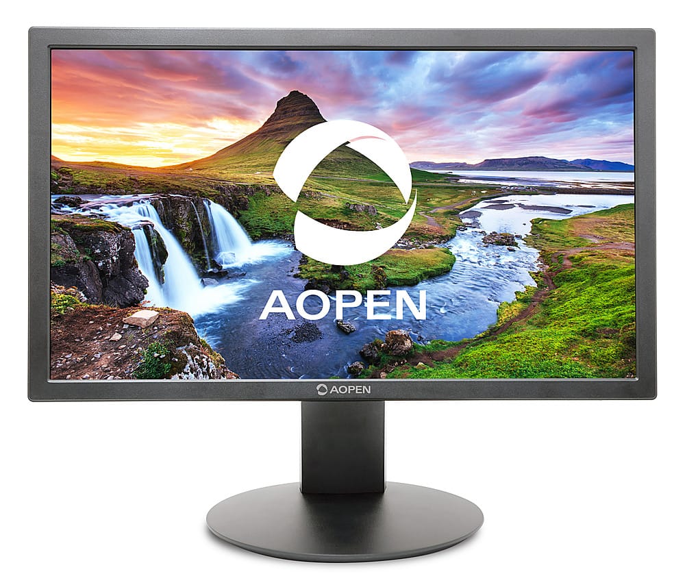 The image features a large AOPEN logo displayed on a computer monitor. The logo is prominently displayed in the center of the screen, with a beautiful landscape in the background. The landscape includes a waterfall, a mountain, and a river, creating a visually appealing scene. The AOPEN logo is the main focus of the image, and it stands out against the backdrop of the natural scenery.