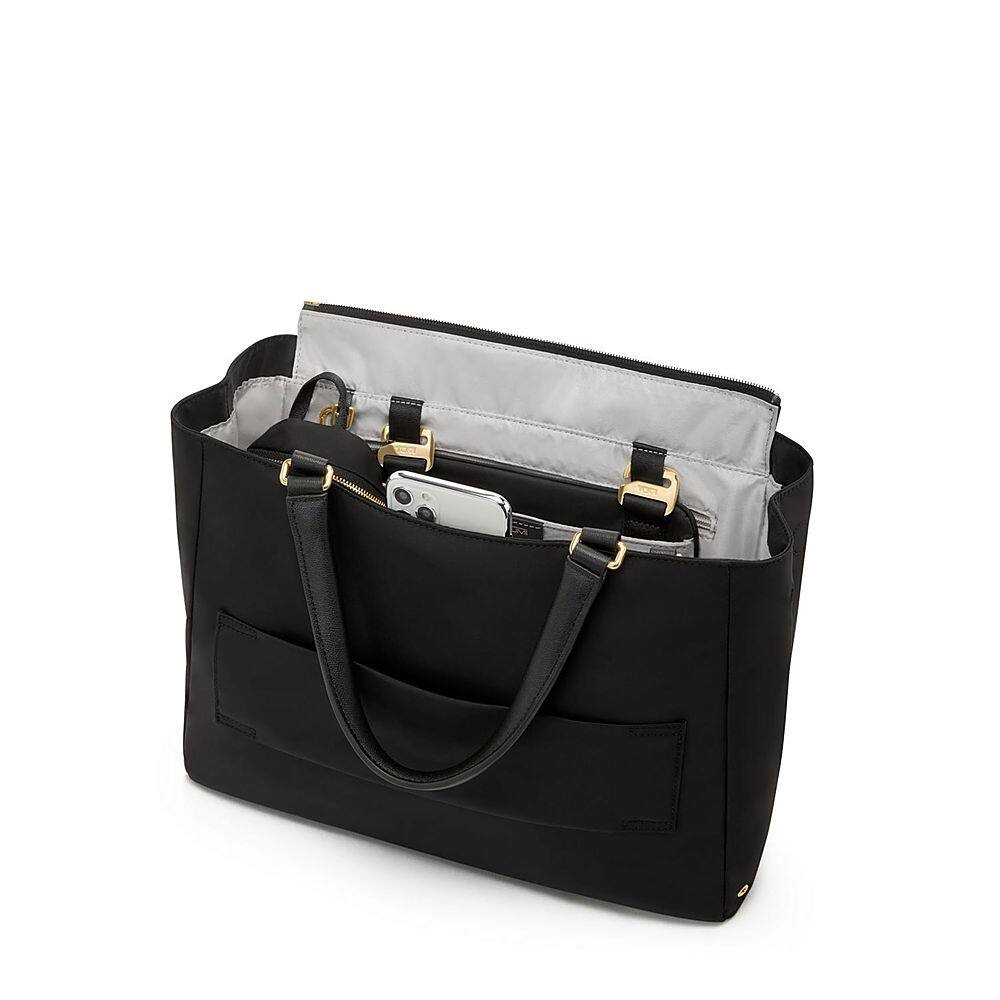 Left View: TUMI - Voyageur Valetta Medium Tote - Black/Gold