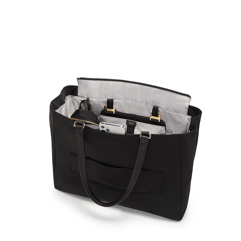 Left View: TUMI - Voyageur Valetta Large Tote - Black/Gold