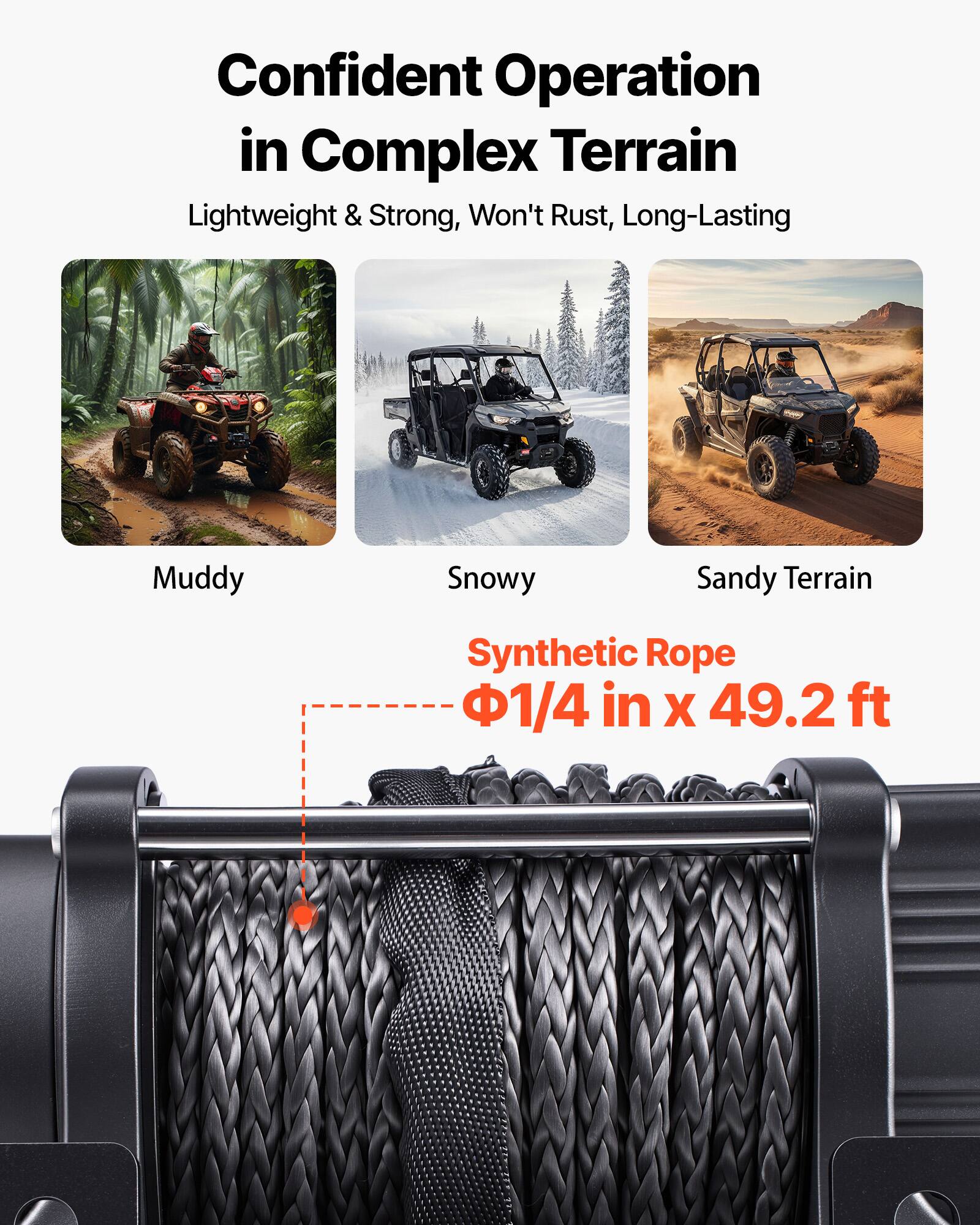 Confident Operation in Complex Terrain  
Lightweight & Strong, Won't Rust, Long-Lasting  

Muddy  
Snowy  
Sandy Terrain  

Synthetic Rope  
Ø1/4 in x 49.2 ft