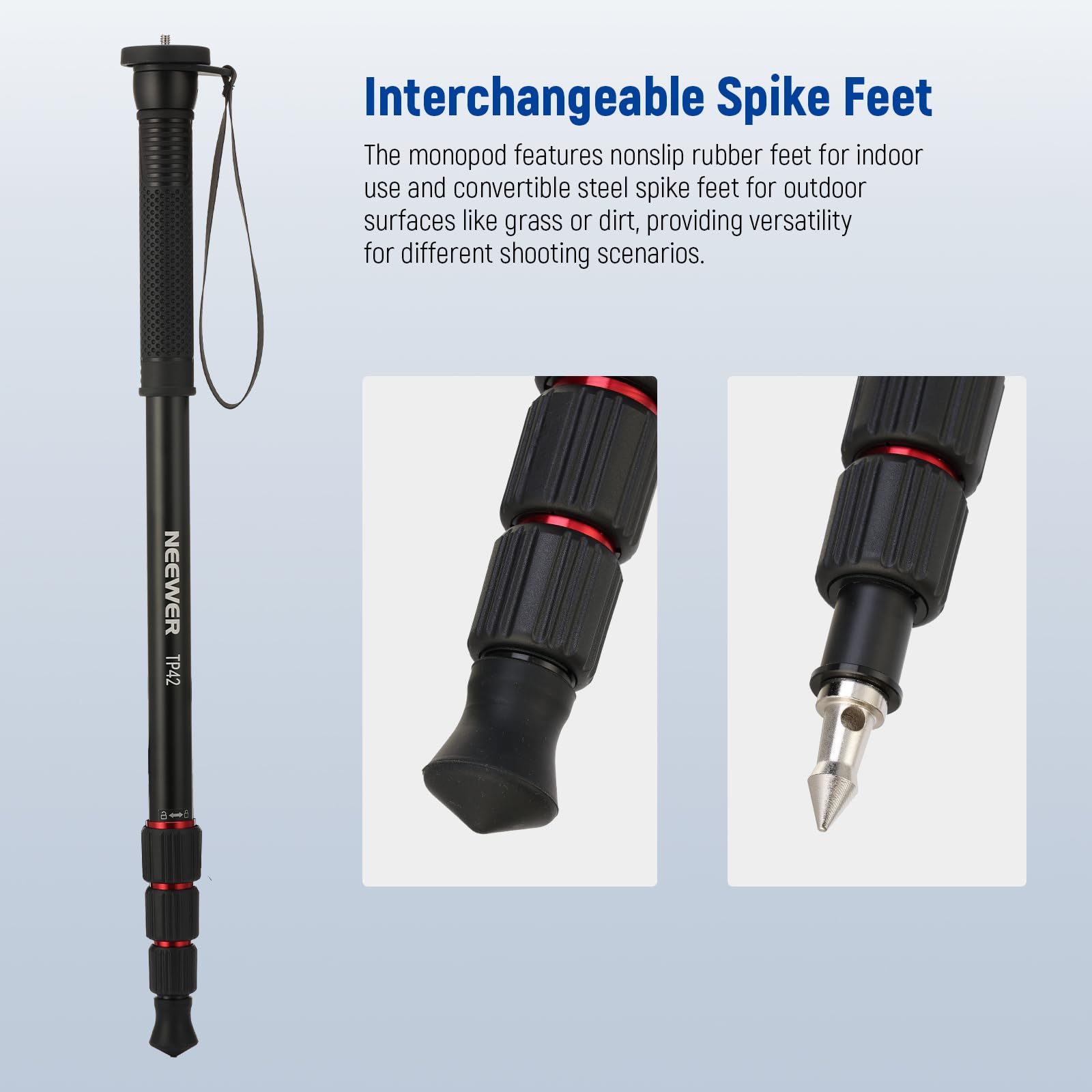 Interchangeable Spike Feet

The monopod features nonslip rubber feet for indoor use and convertible steel spike feet for outdoor surfaces like grass or dirt, providing versatility for different shooting scenarios.