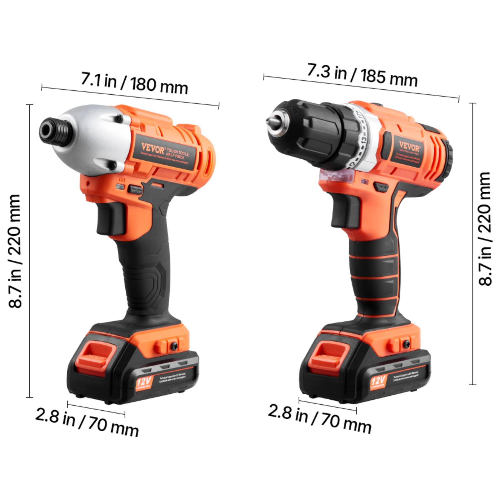 7.1 in / 180 mm  
7.3 in / 185 mm  
8.7 in / 220 mm  
2.8 in / 70 mm  
12V