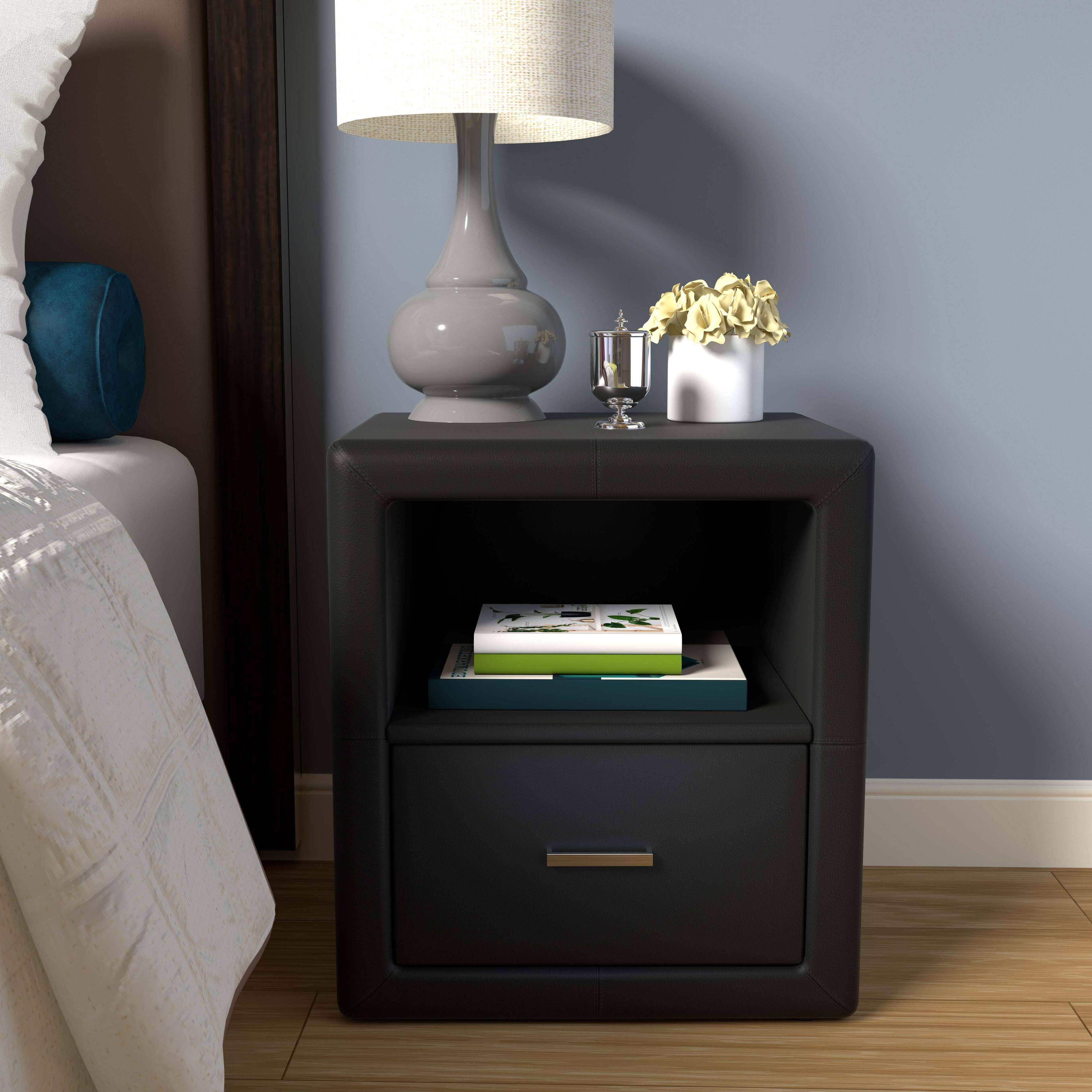 Alt View 1. Boyd Sleep - Boyd Sleep Lombardi Faux Leather One Drawer Nightstand- Pre-Assembled- Low profile bedroom end table - Black.