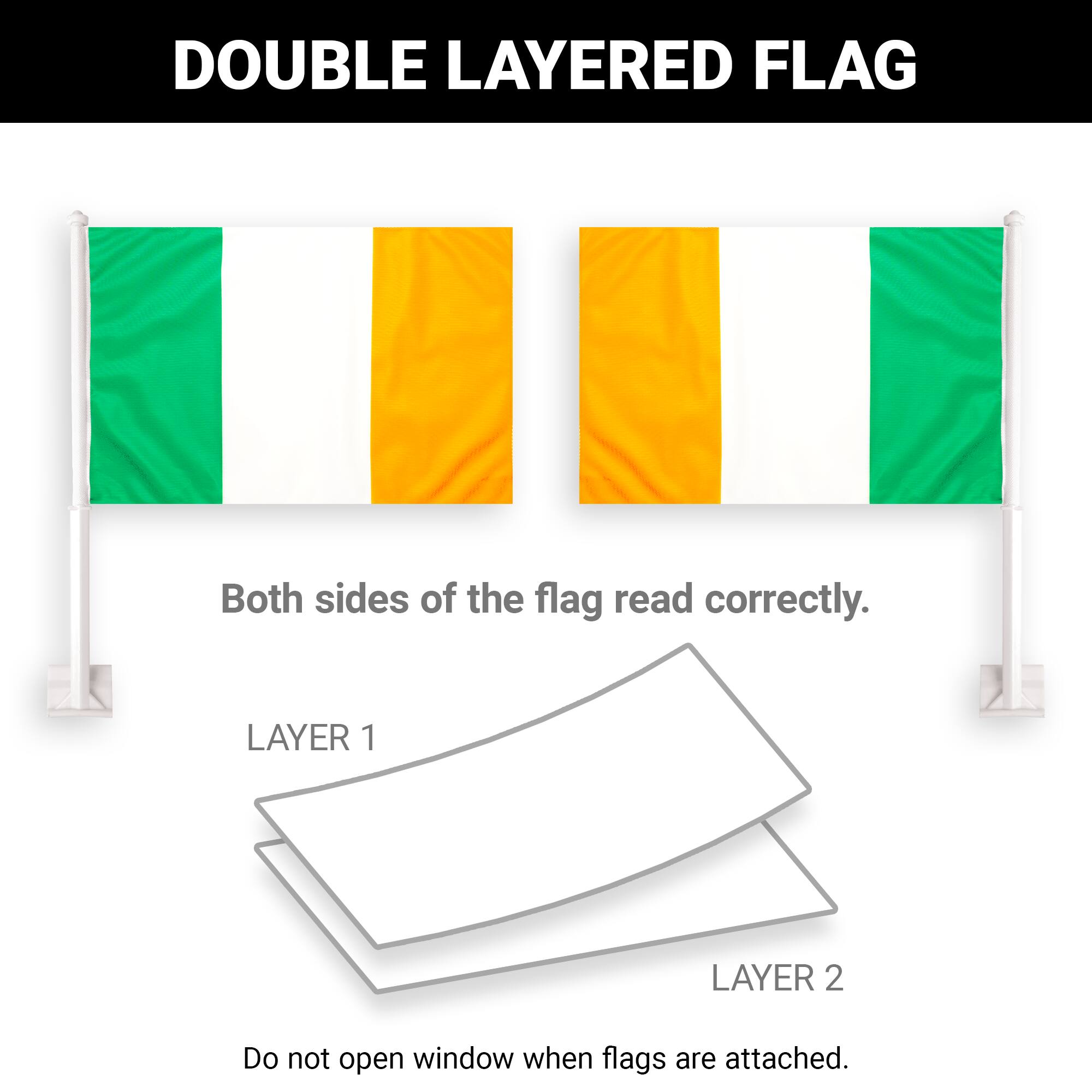 DOUBLE LAYERED FLAG

Both sides of the flag read correctly.

LAYER 1
LAYER 2

Do not open window when flags are attached.