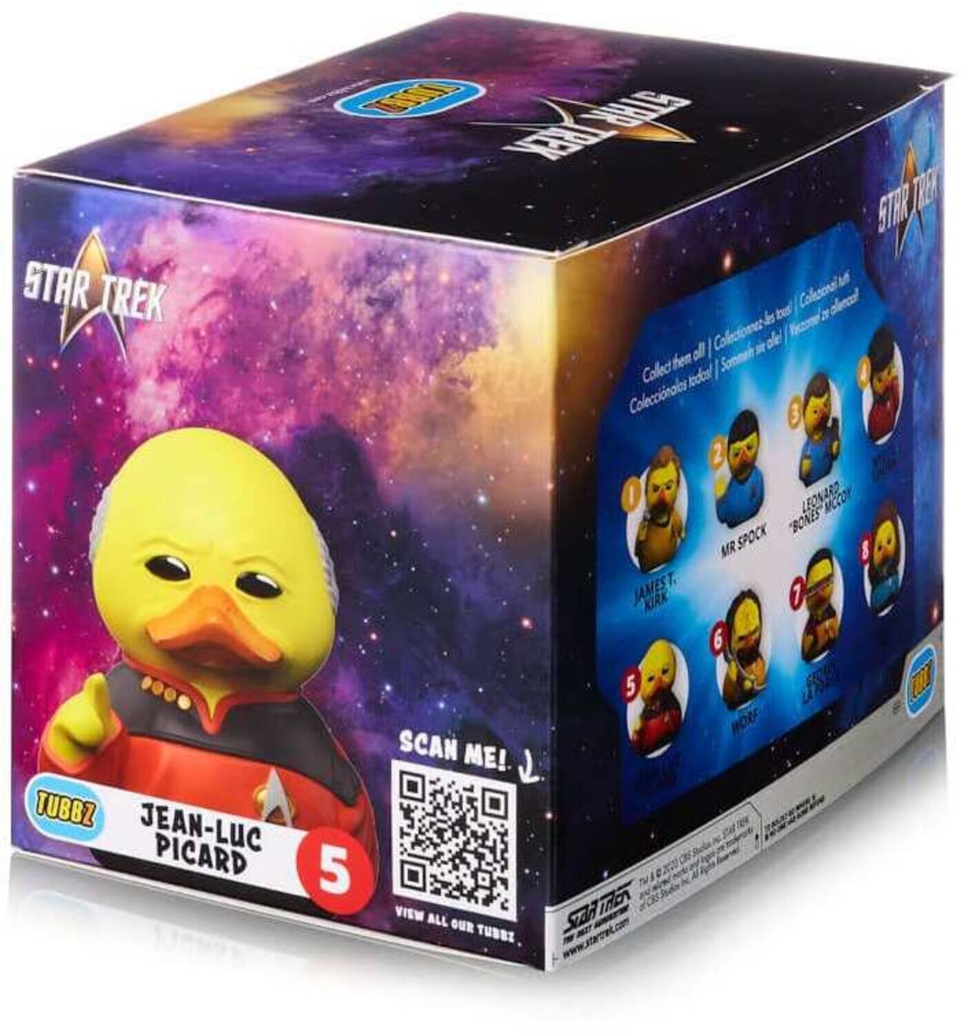 The text on the image can be grouped and corrected as follows:

**Star Trek Tubbz:**
- Jean-Luc Picard 5
- Leonard McCoy (Bones) 3
- Mr. Spock 8
- James T. Kirk 1

**Additional Text:**
- Collect them all! Colecciona todos!
- Scan Me! J. Viswa
- View all our Tubbz

This text is related to a collectible toy set based on Star Trek characters.