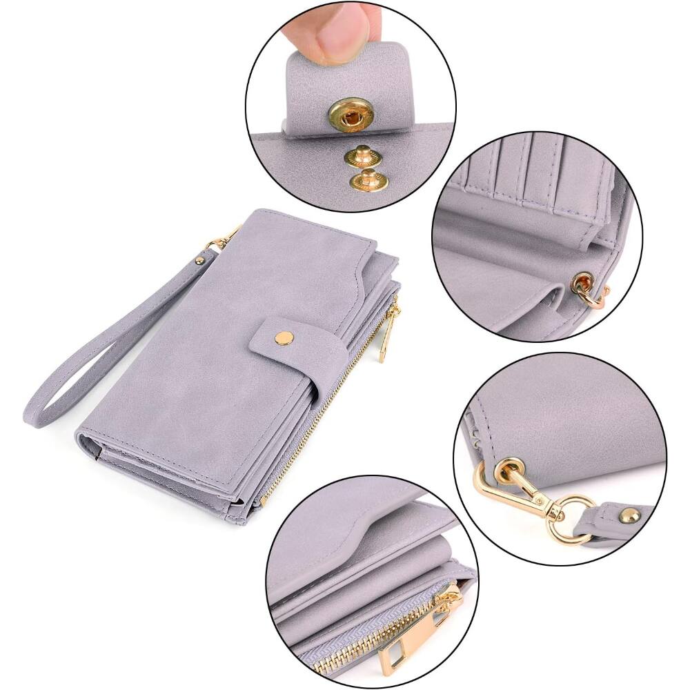 Back. ZUQIETA - ZUQIETA Elegant Vegan Leather Wristlet Purse - Snap Closure Long Wallet & Card Holder - Thistle Purple.