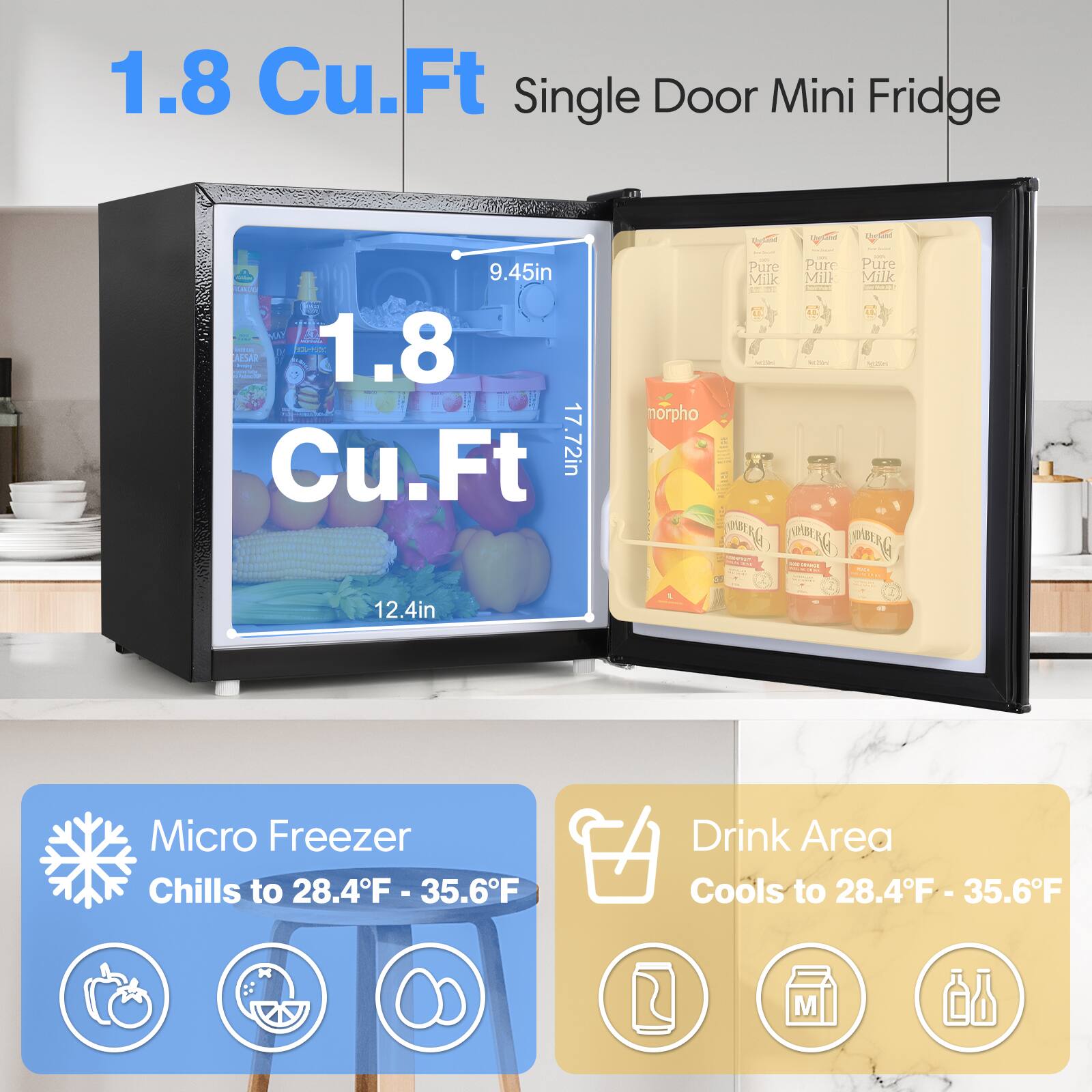 OSTBA Mini Fridge Freezer 1.8 Cu.Ft, Reversible Door, Adjustable