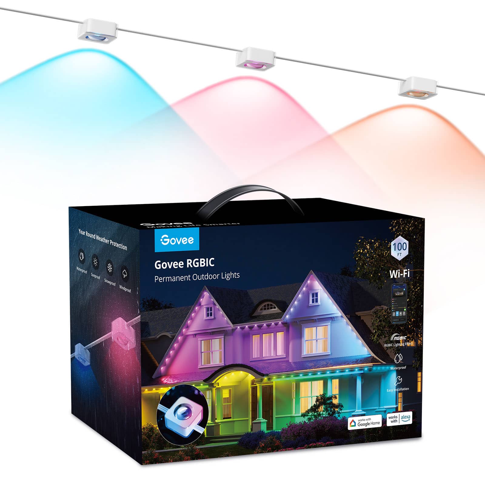 Front. Govee - Wi-Fi RGBIC Outdoor Permanent String Lights 100ft - Multi.