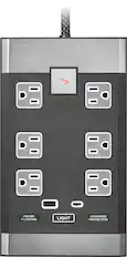 Front. Rocketfish™ - 6-Outlet Strip Premium/1-USB-C/1-USB 2,880 Joules Surge Protector - Black.