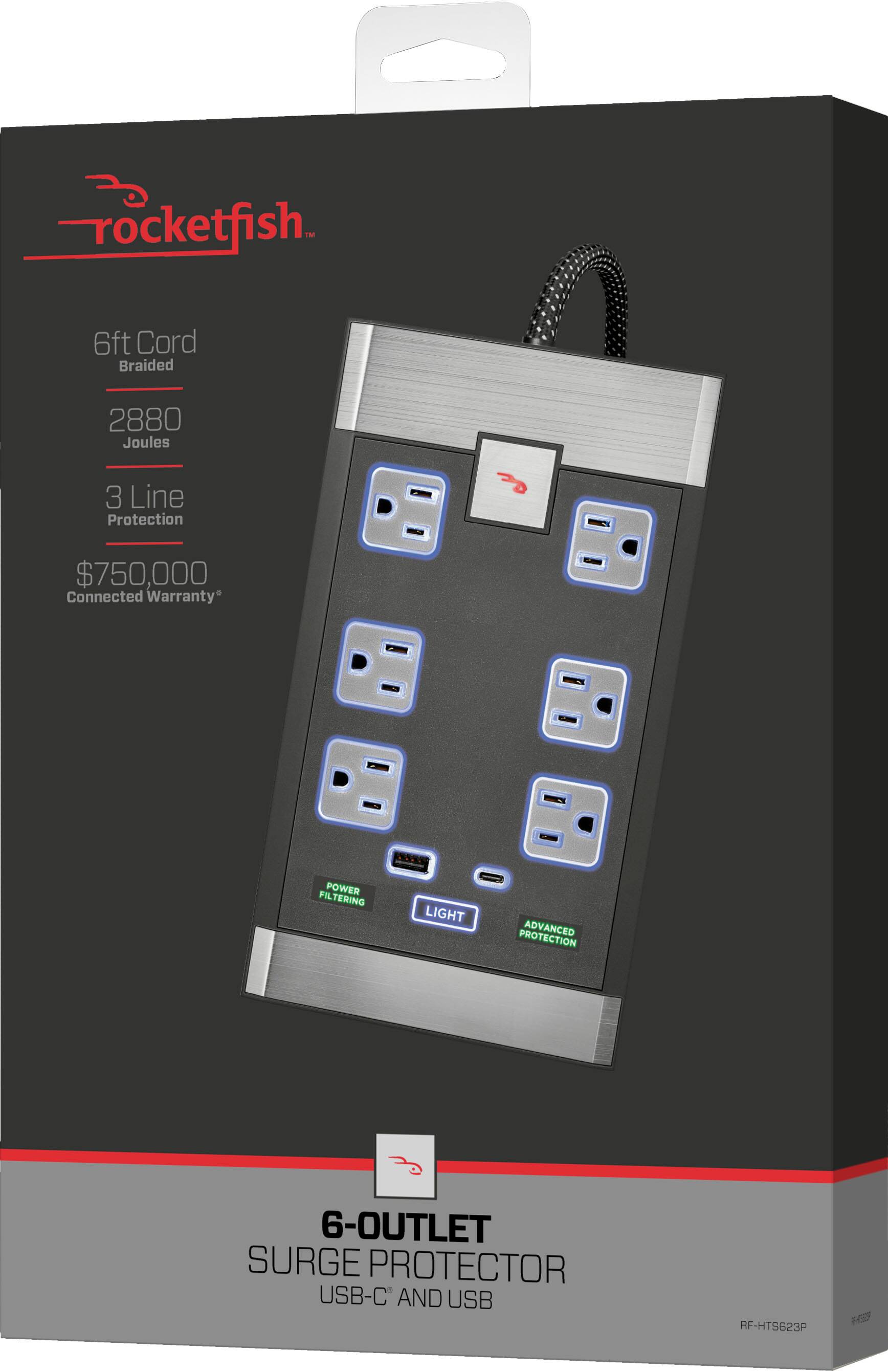 Alt View 14. Rocketfish™ - 6-Outlet Strip Premium/1-USB-C/1-USB 2,880 Joules Surge Protector - Black.