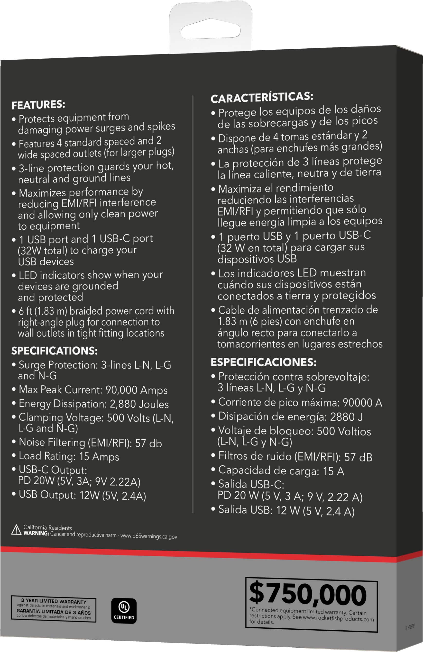 Alt View 15. Rocketfish™ - 6-Outlet Strip Premium/1-USB-C/1-USB 2,880 Joules Surge Protector - Black.