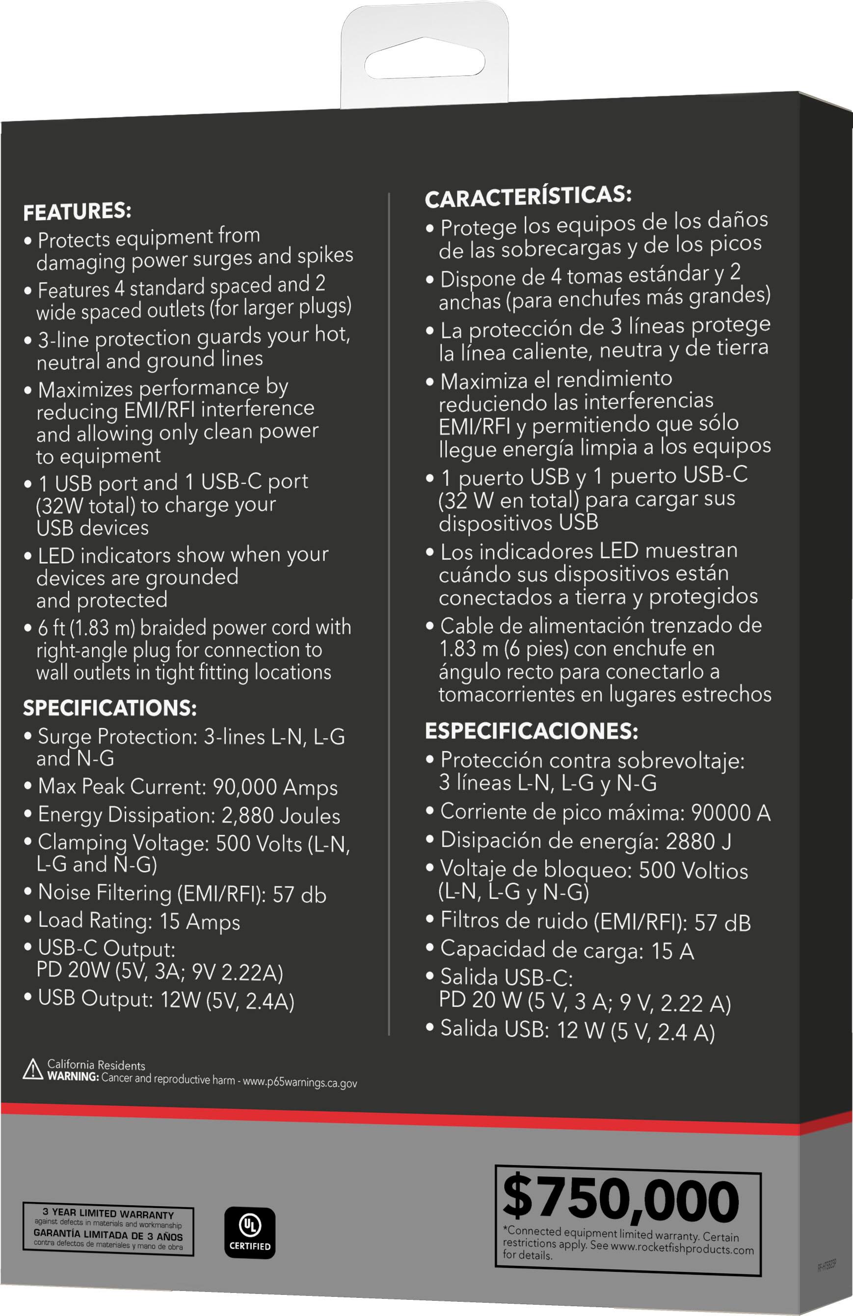 Alt View 15. Rocketfish™ - 6-Outlet Strip Premium/1-USB-C/1-USB 2,880 Joules Surge Protector - Black.