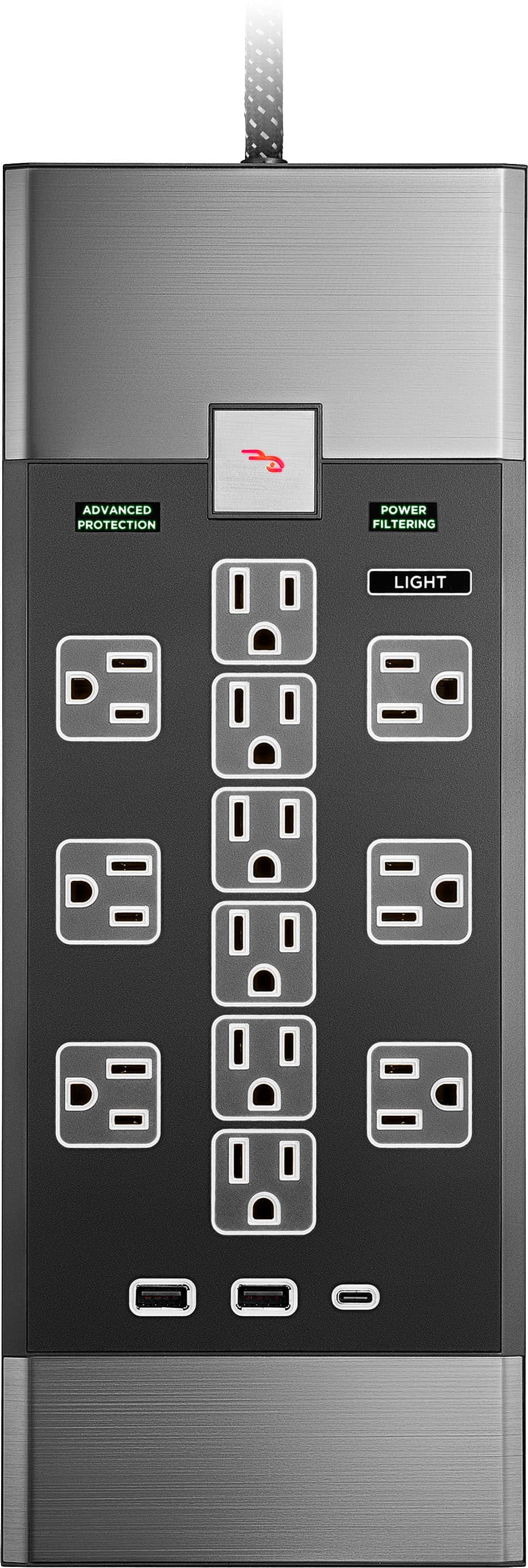 Front. Rocketfish™ - 12-Outlet 5,280 Joules Surge Protector with USB and USB-C - Black.