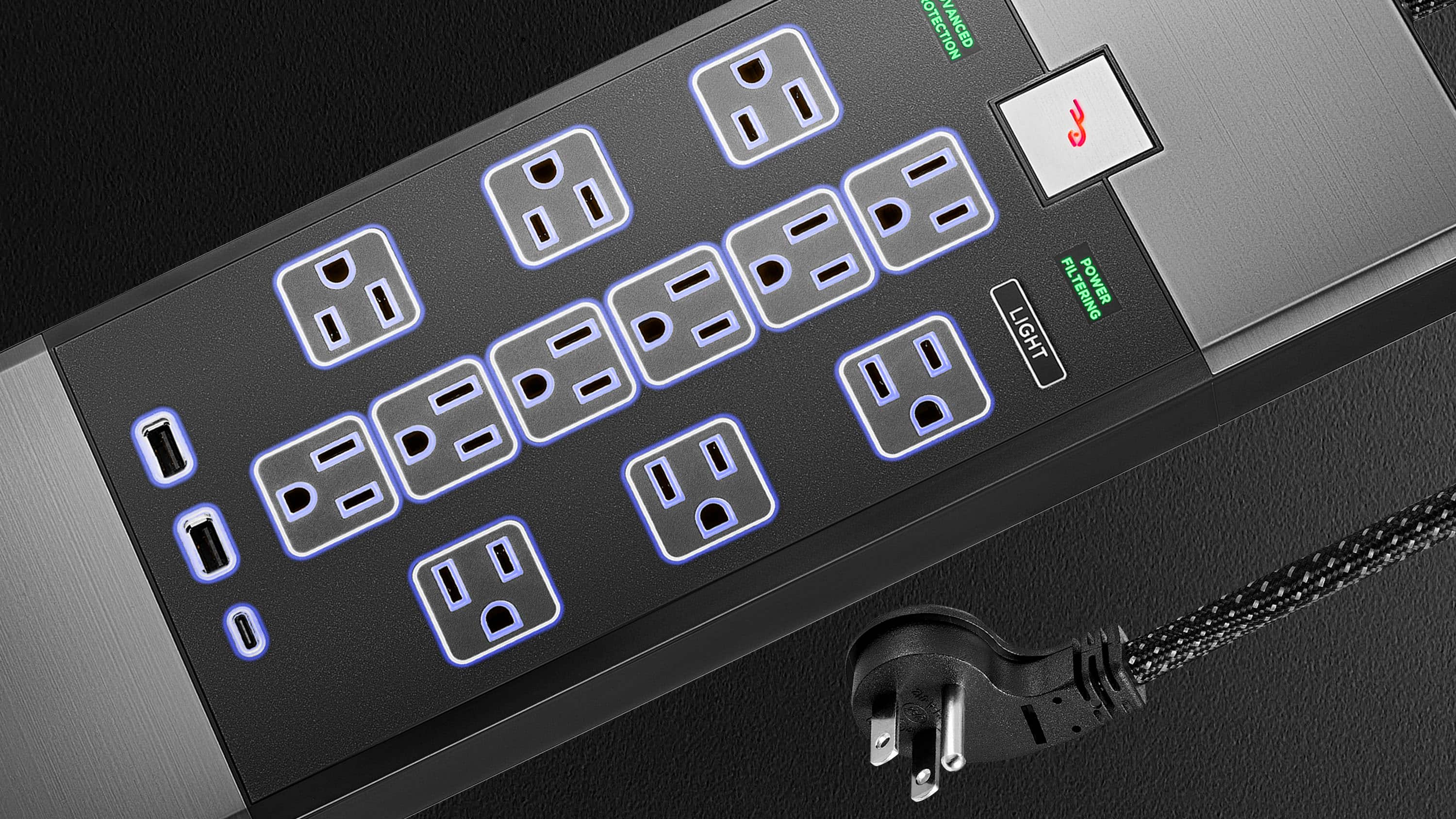 Alt View 13. Rocketfish™ - 12-Outlet 5,280 Joules Surge Protector with USB and USB-C - Black.