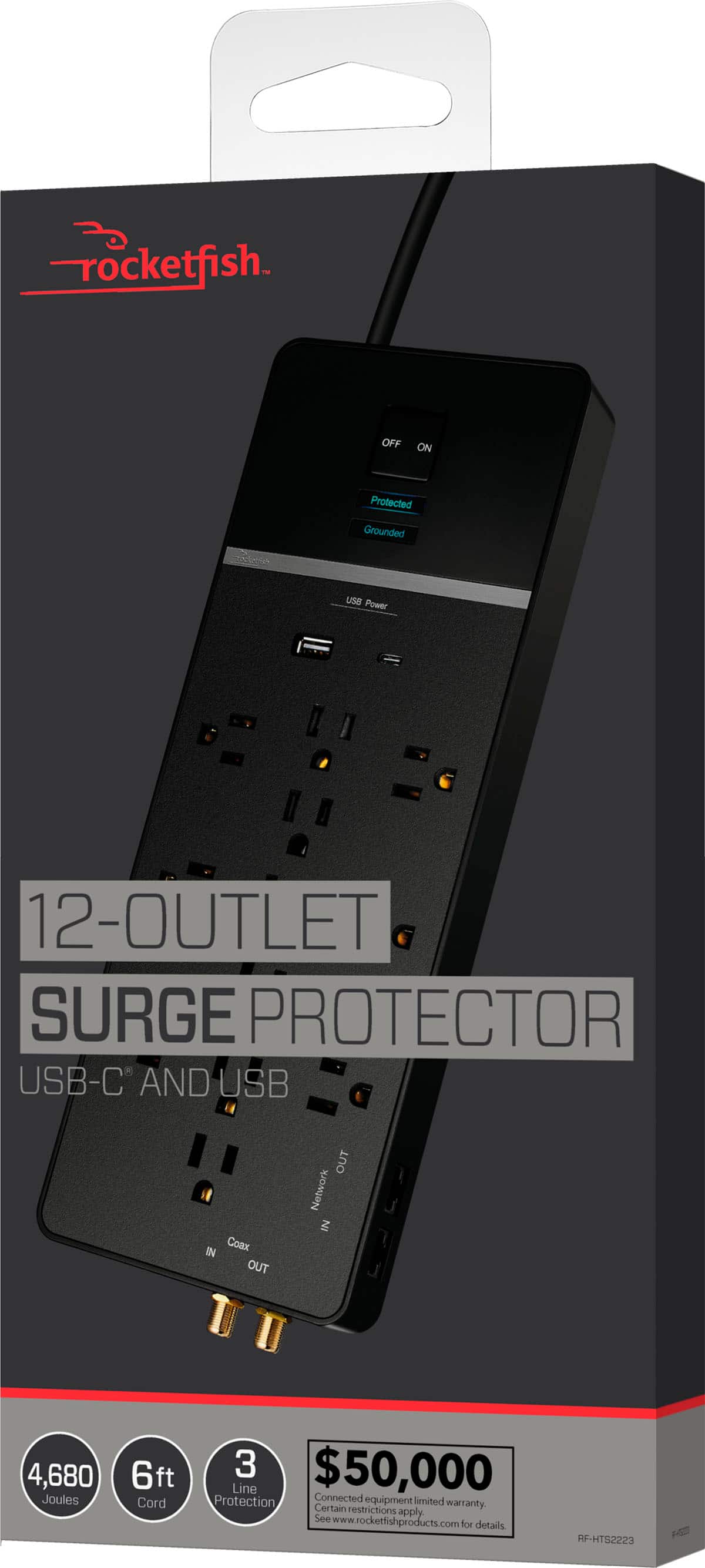 Alt View 16. Rocketfish™ - 12-Outlet Strip/1-USB-C/1-USB 4,680 Joules Surge Protector - Black.