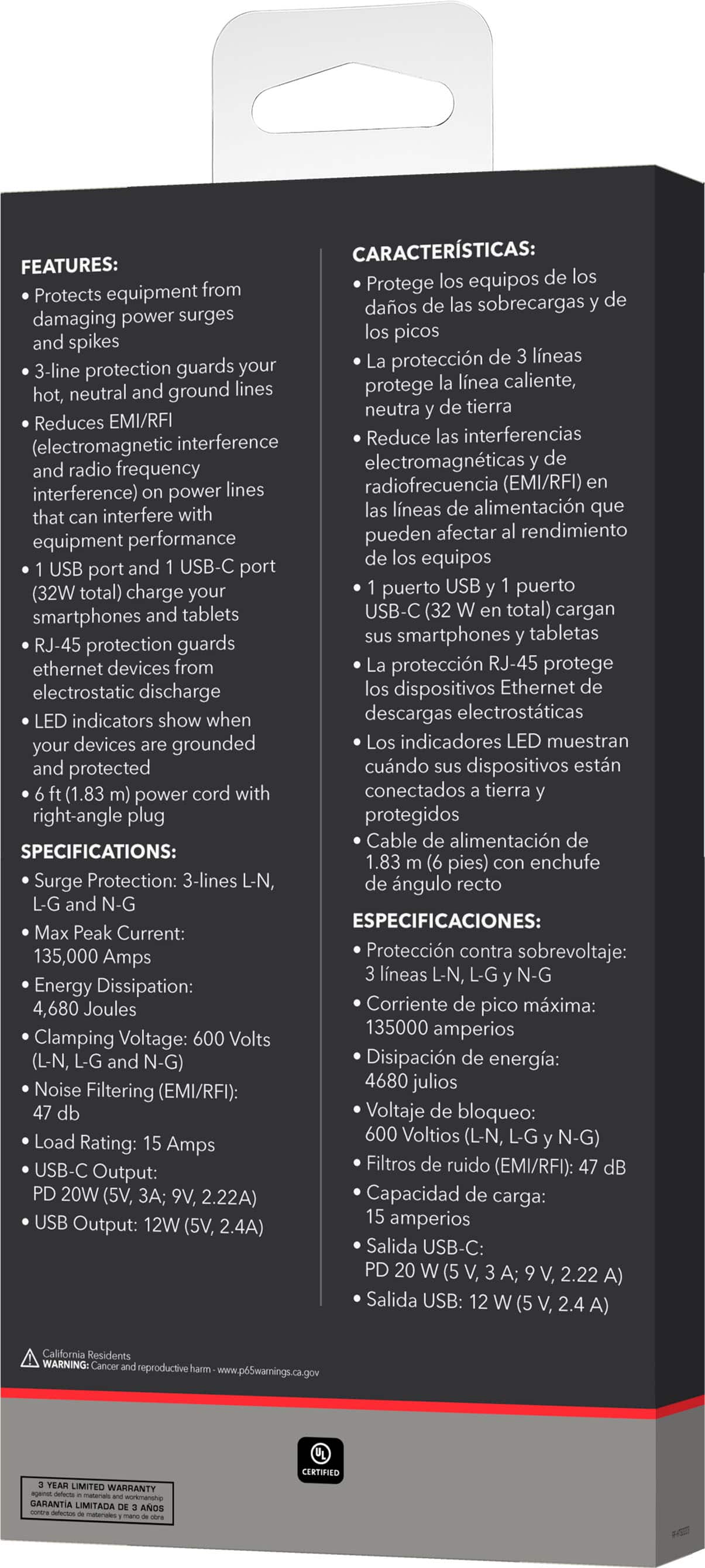 Alt View 17. Rocketfish™ - 12-Outlet Strip/1-USB-C/1-USB 4,680 Joules Surge Protector - Black.