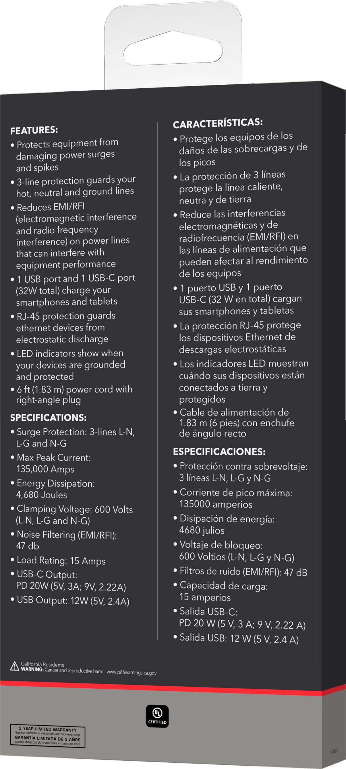 Alt View 17. Rocketfish™ - 12-Outlet Strip/1-USB-C/1-USB 4,680 Joules Surge Protector - Black.
