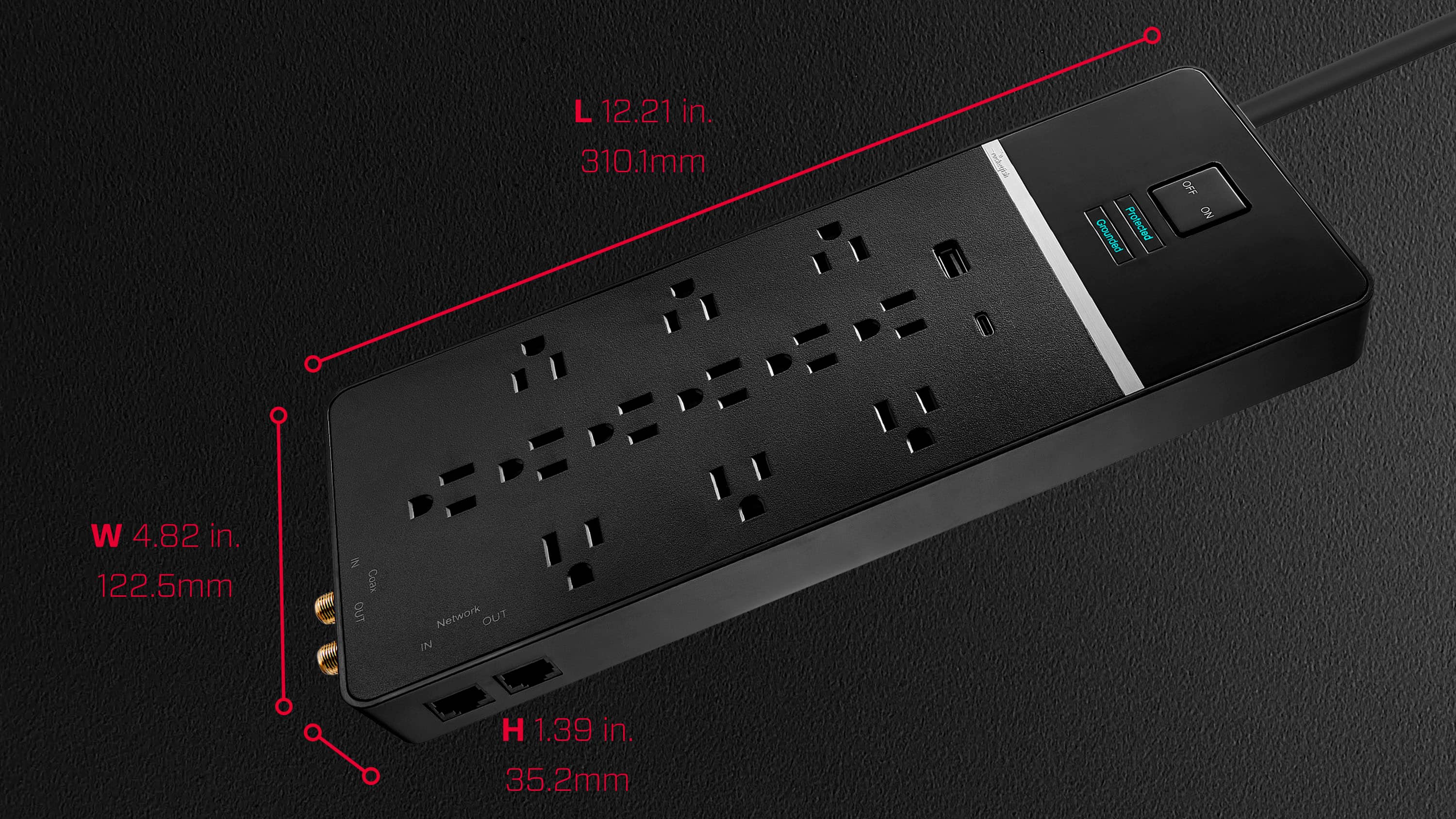 Alt View 15. Rocketfish™ - 12-Outlet Strip/1-USB-C/1-USB 4,680 Joules Surge Protector - Black.