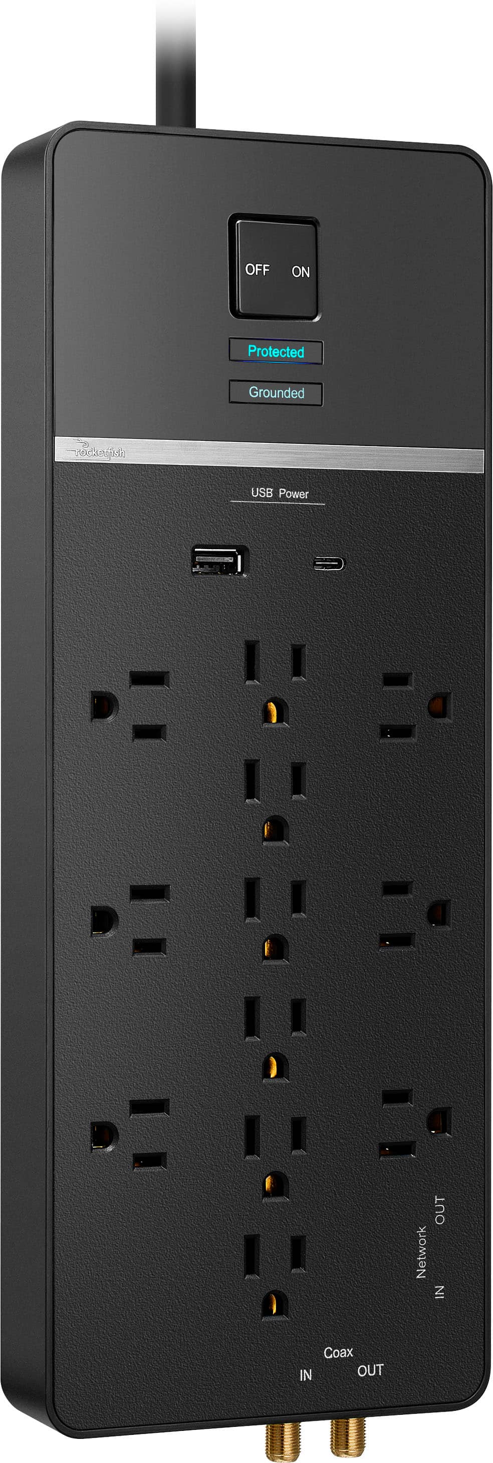 Alt View 19. Rocketfish™ - 12-Outlet Strip/1-USB-C/1-USB 4,680 Joules Surge Protector - Black.