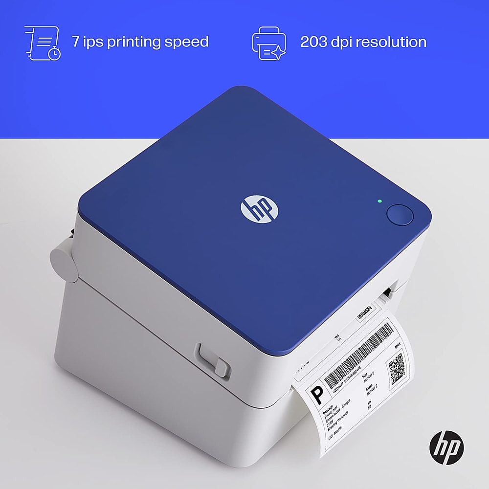 The text on the image reads: "7 ips printing speed, 203 dpi resolution, HP."
