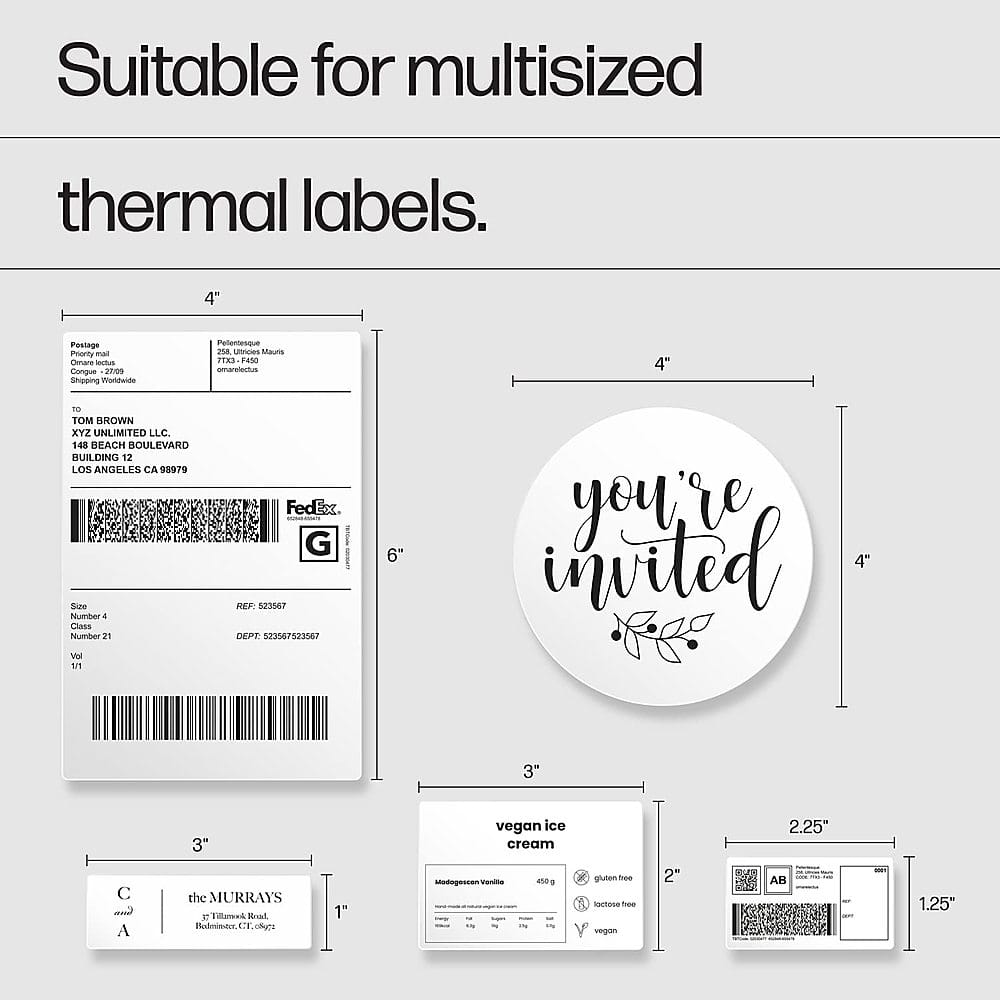 Suitable for multisized thermal labels. 4" Pontage Phoority -a Camana Wh Congue Shipping -EN Petlentenque 218 LES Miura PTRS F450 imarentus 4" - TOM BROWN XYZ UNLIMITED LLC. 148 BEACH BOULEVARD BUILDING 12 LOS ANGELES CA 98979 5size Number 4 Class Number 21 Var 1/1 FedEx G i REF 523967 DEPT 3 6" you're invited 4" Rgo 3" 3" vegan ice cream 2.25" C and A the MURRAYS e liamnk Roal Rodminare .. s 1" Madgece - - -. - - 450 1% giuten - scton - vegan 2" AB - - 1.25".