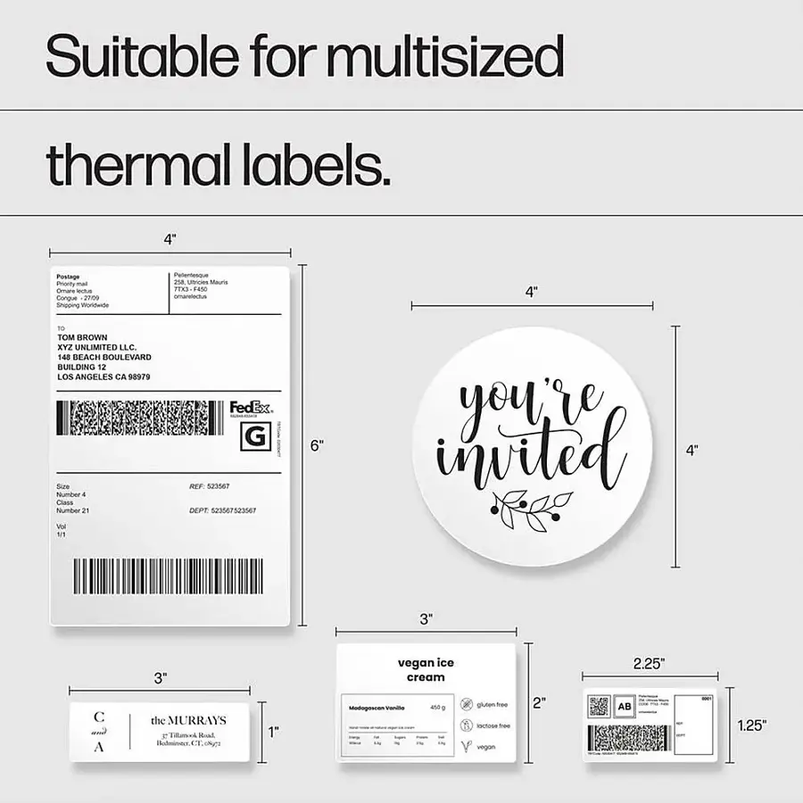 Suitable for multisized thermal labels. 4" Postage Parity - nmare we Congue 0 Shpeing otte Petentesque P - MArS P FASe omwetert 4" n TOM BROWN XYZ UNLIMITED LLC. 148 BEACH BOULEVARD BUILDING 12 LOS ANGELES CA 98979 Sze Number . Class Number 21. FedEx G REF 623867 DEPT 23867523067 6" you're invited 4 3" 3" vegan ice cream 2.25" C i A the MURRAYS E Tilllamek Koad Hodeor CT  1 - gluten - - - vegan 2" AR 1.25.