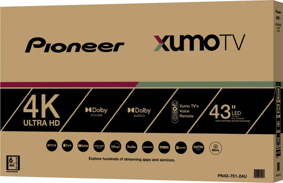 The text on the image reads: "Pioneer XUMO TV 4K ULTRA HD Dolby VISION Dolby AUDIO Xumo TV's Voice Remote "43 LED". Explore hundreds of streaming apps and services. PN43-751-24U."