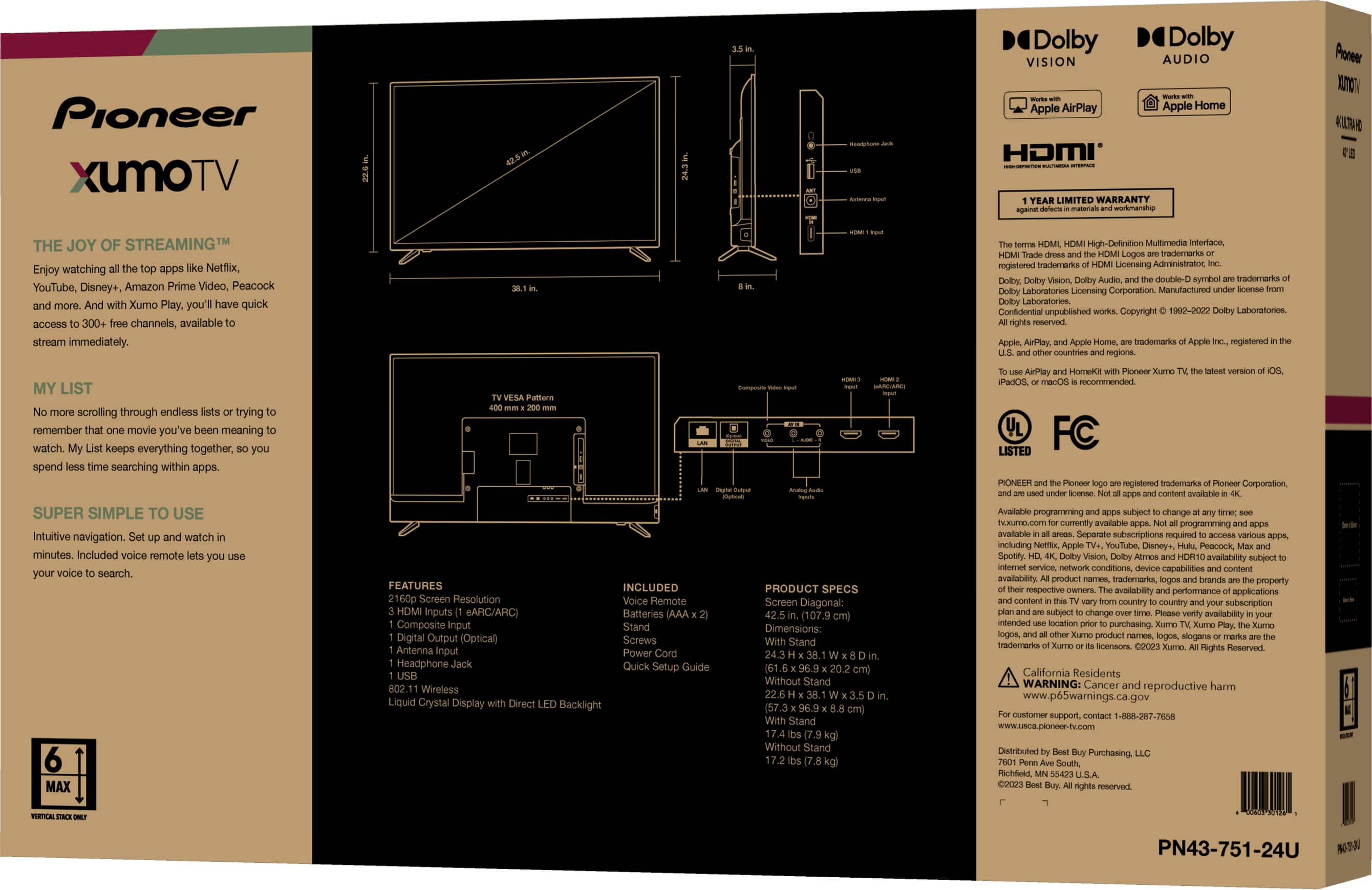 Dolby Vision Dolby Audio Pioneer XUMO TV 4K Ultra HD Smart LED TV 43-Inch Class (43XUM751-24U)