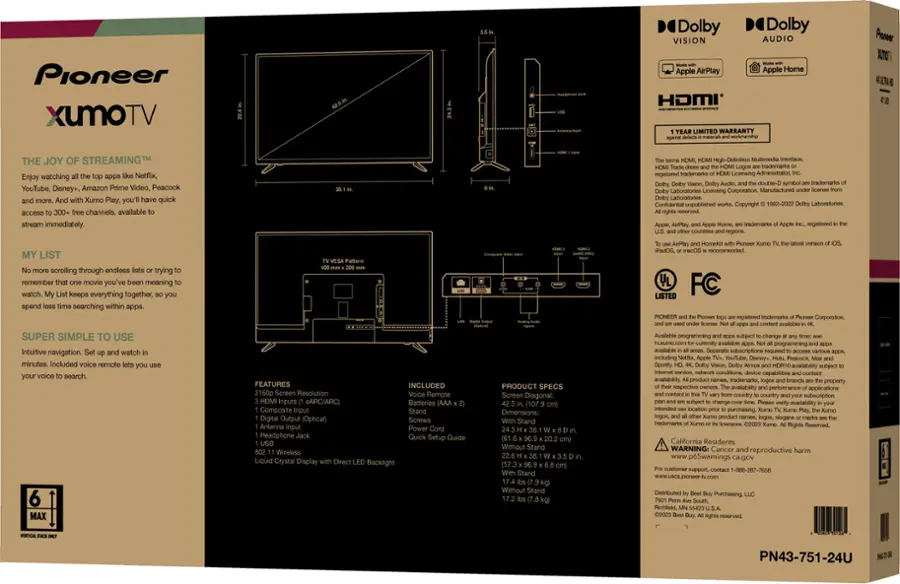 Dolby Vision Dolby Audio Pioneer XUMO TV 4K Ultra HD Smart LED TV 43-Inch Class (43XUM751-24U)