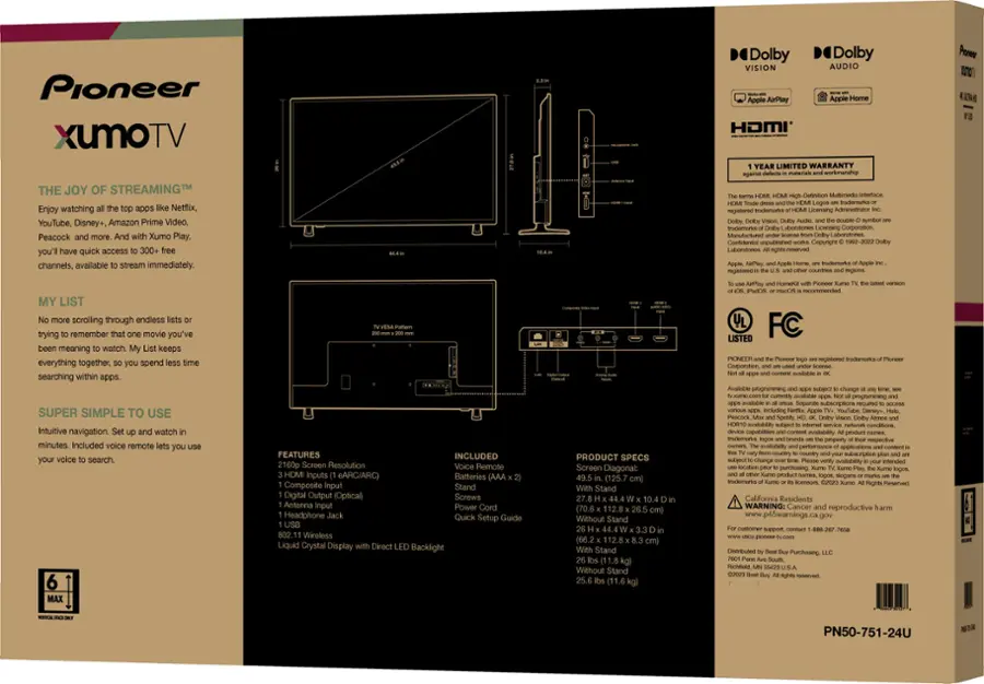 Pioneer XUmOTV Dolby Vision 4K Ultra HD Smart LED TV, 50-Inch (PN50-751-24U)