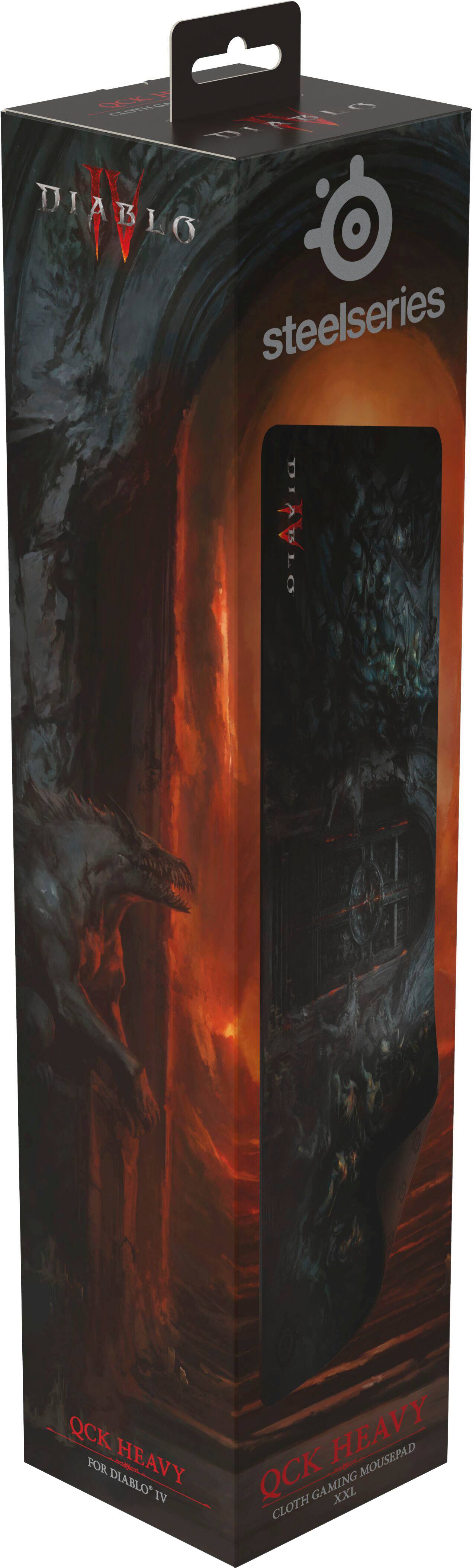 The text on the image reads: "O 2 T1 DIABLO W steelseries TI AY. LO QCK FOR DIABLO HEAVY IV HEAVY MOUSEPAD QCK GAMING XXL CLOTH."