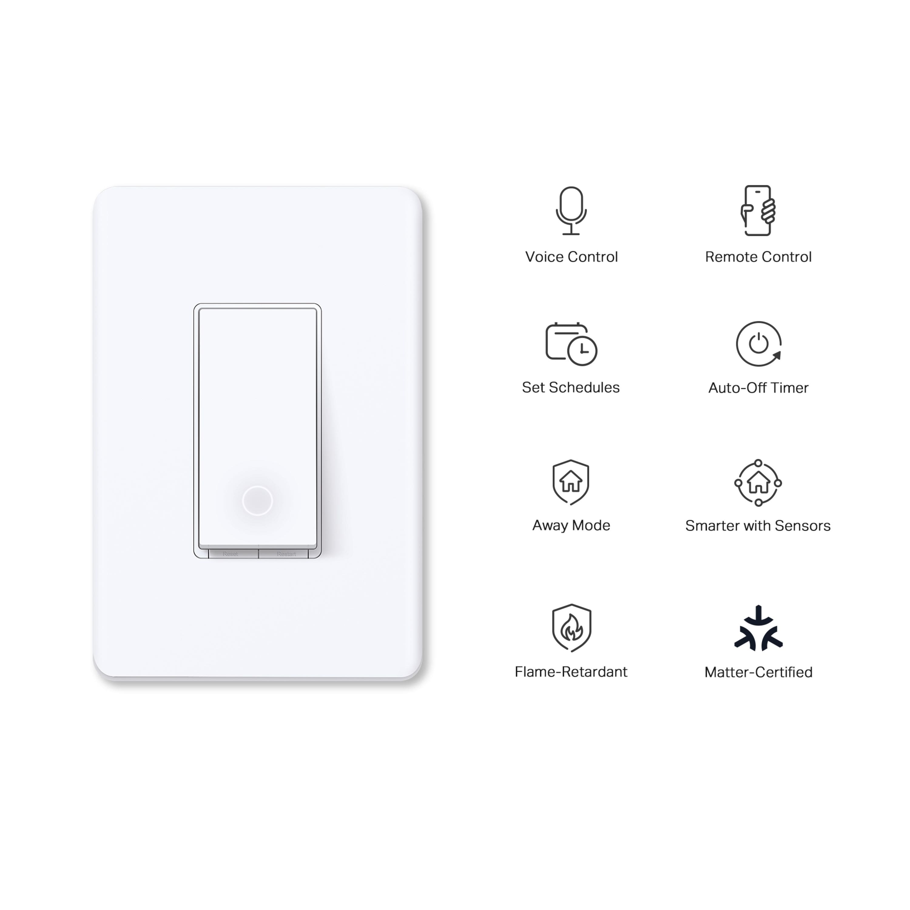 The image features a white light switch with a variety of icons and labels around it. The labels include Voice Control, Remote Control, Set Schedules, Auto-Off Timer, Away Mode, Smarter with Sensors, Flame-Retardant, and Matter-Certified. These labels indicate that the light switch offers a range of advanced features and functionalities, such as voice control, remote control, scheduling, and energy-saving options. The presence of sensors also suggests that the switch may be able to detect and respond to various environmental conditions, such as temperature or humidity. Overall, the light switch appears to be a modern and versatile device designed to enhance the user experience and provide added convenience and safety.