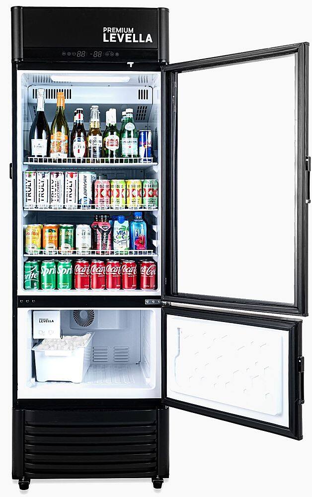 Angle. Premium Levella - 12.5 cu. ft. 2-Door Commercial Merchandiser Refrigerator Glass-Door Beverage Display Cooler with Freezer and Ice Maker - Black.