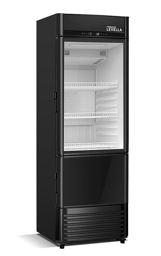 Left. Premium Levella - 12.5 cu. ft. 2-Door Commercial Merchandiser Refrigerator Glass-Door Beverage Display Cooler with Freezer and Ice Maker - Black.