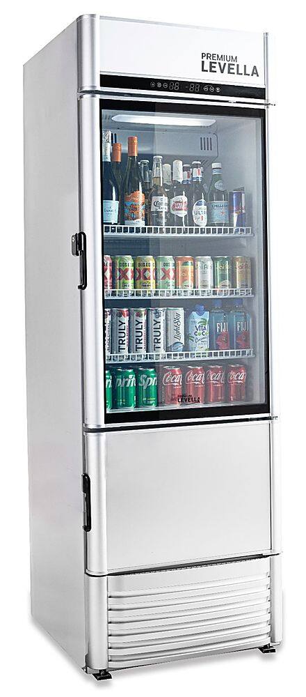 Angle. Premium Levella - 12.5 cu. ft. 2-Door Commercial Merchandiser Refrigerator Glass-Door Beverage Display Cooler with Freezer and Ice Maker - Silver.