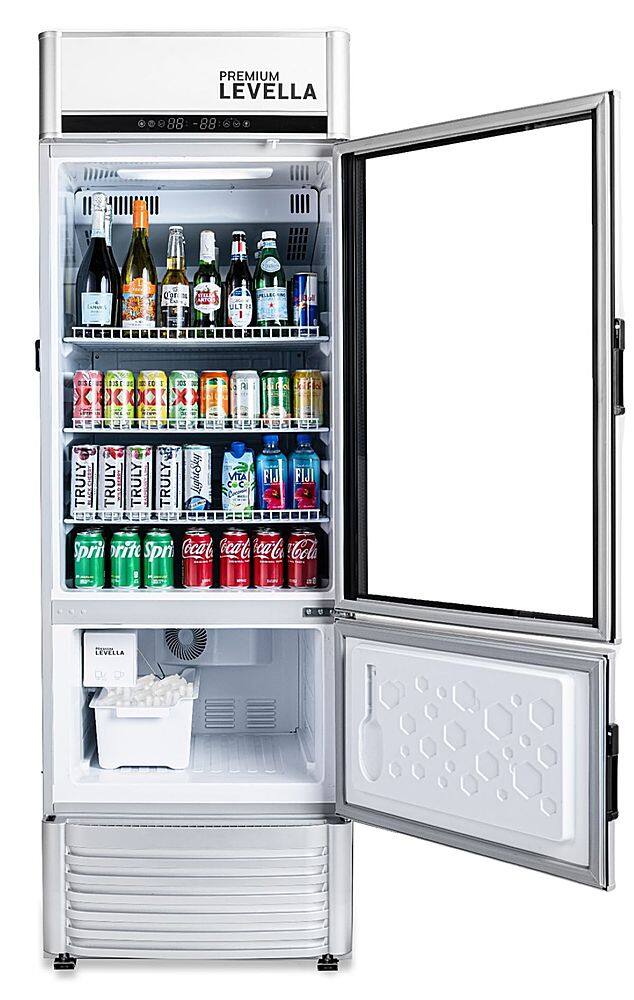 Left. Premium Levella - 12.5 cu. ft. 2-Door Commercial Merchandiser Refrigerator Glass-Door Beverage Display Cooler with Freezer and Ice Maker - Silver.