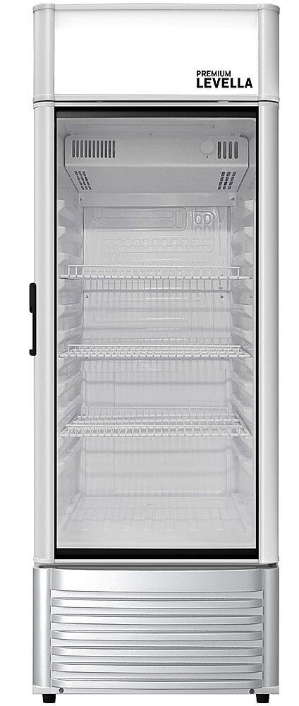 Angle. Premium Levella - 6.5 cu. ft. 1-Door Commercial Merchandiser Refrigerator Glass-Door Beverage Display Cooler - Silver.
