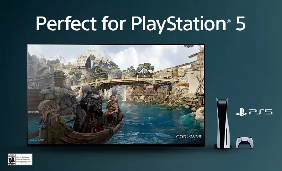 The image features a large flat screen TV with a PlayStation 5 logo on it, indicating that it is perfect for the PS5 gaming console. The TV is displayed in a blue background, and the image is described as having a "blood and gore" rating, suggesting that it may show violent or intense content.