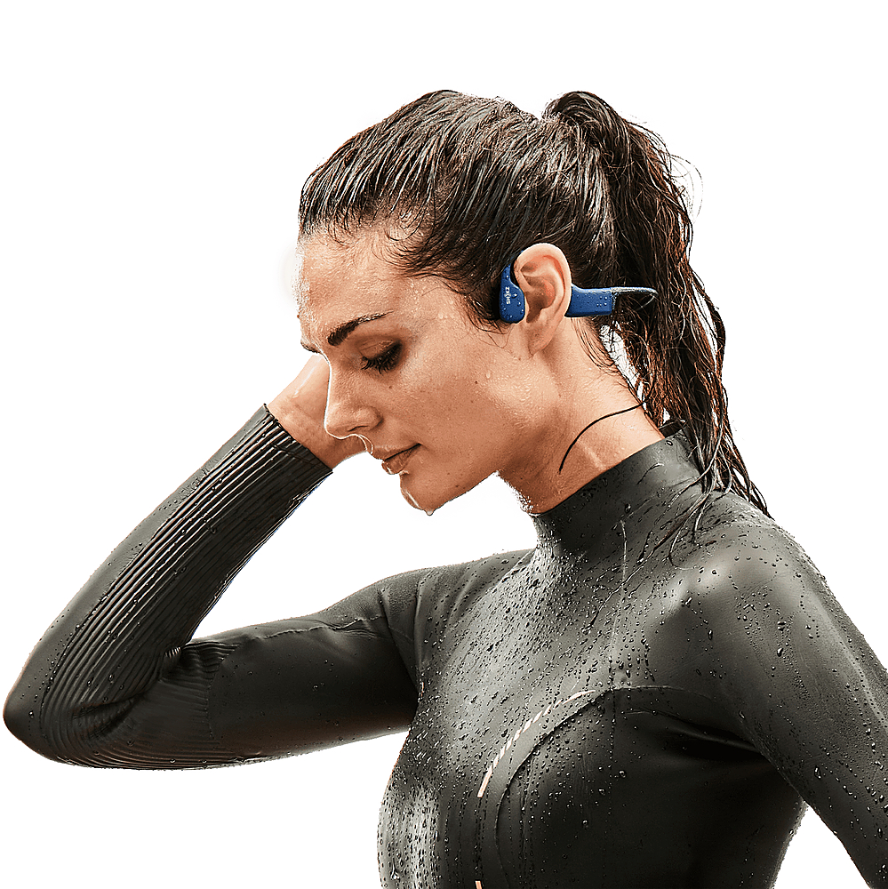 SHOKZ OpenSwim - Bone Conduction MP3 Waterproof Headphones for Swimming -  Open-Ear Wireless Headphones, with Nose Clip and Earplug (Blue)
