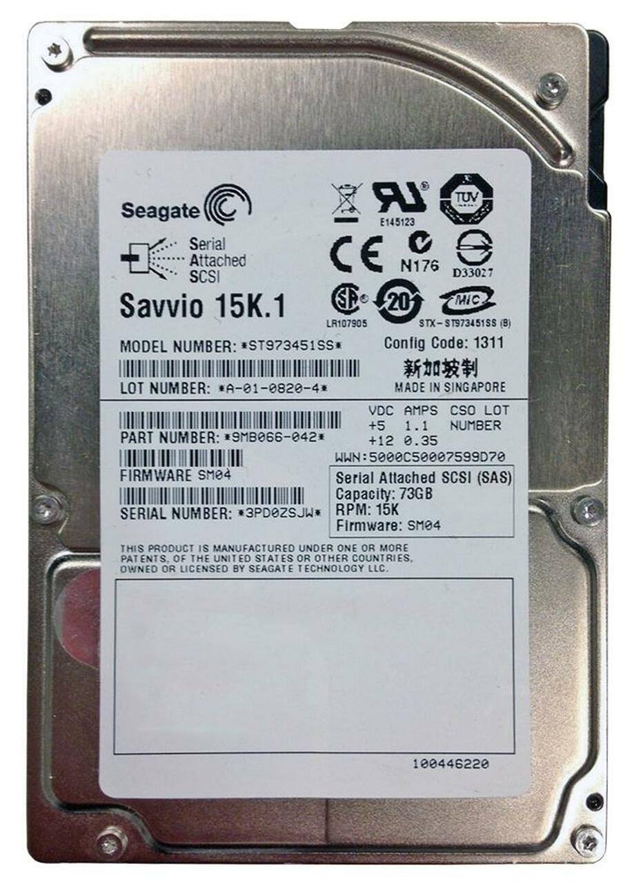 Seagate  
Savvio 15K.1  

Serial Attached SCSI  

MODEL NUMBER: ST973451SS  
LOT NUMBER: *A-01-0820-4*  
PART NUMBER: *9MB066-042*  
FIRMWARE: SM04  
SERIAL NUMBER: *3PD0ZSJW*  

Config Code: 1311  
VDC AMPS: +5 1.1  
+12 0.35  

Capacity: 73GB  
RPM: 15K  
Firmware: SM04  

THIS PRODUCT IS MANUFACTURED UNDER ONE OR MORE PATENTS OF THE UNITED STATES OR OTHER COUNTRIES. OWNED OR LICENSED BY SEAGATE TECHNOLOGY LLC.  

E145123  
CE  
N176  
D33027  
LR107905  
STX  
ST973451SS (B)  
WWN: 5000C50007599D70  

MADE IN SINGAPORE  

100446220