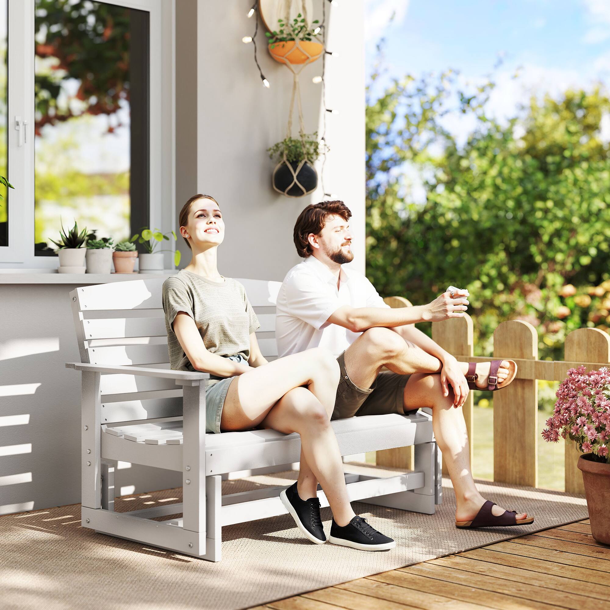 Alt View 1. Outsunny - Glider Bench w/ HDPE Slatted Double Rocking Chair - White.