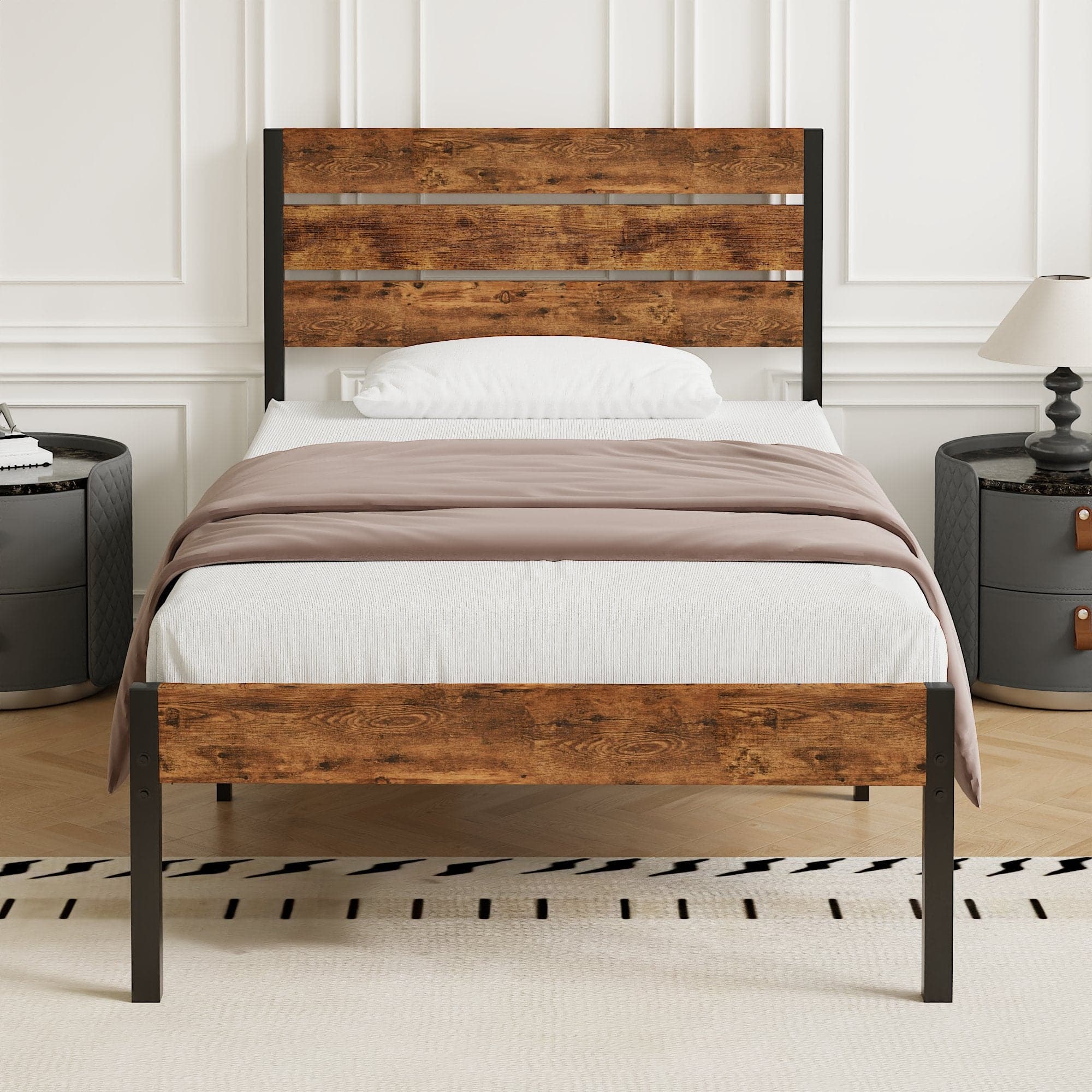 Vecelo - Queen Size Bed Frame with Wood Headboard, Metal Frame, Noise-Free Industrial Bed, Full & Twin Options, Platform Bed - Brown