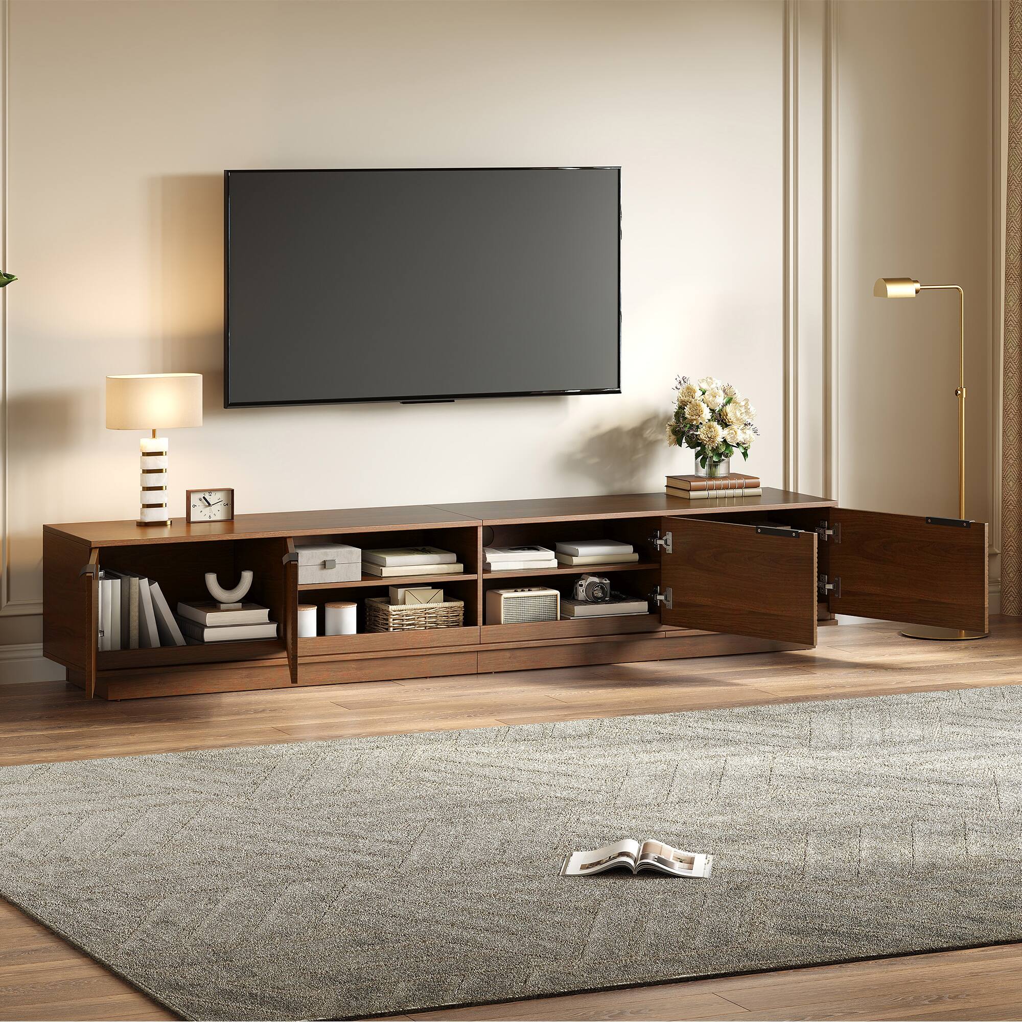 Angle. MERAVOM - Modern TV Stand for TVs up to 85", Entertainment Center with 4 Fluted Doors, Media TV Console for Living Room, Bedroom - Walnut.