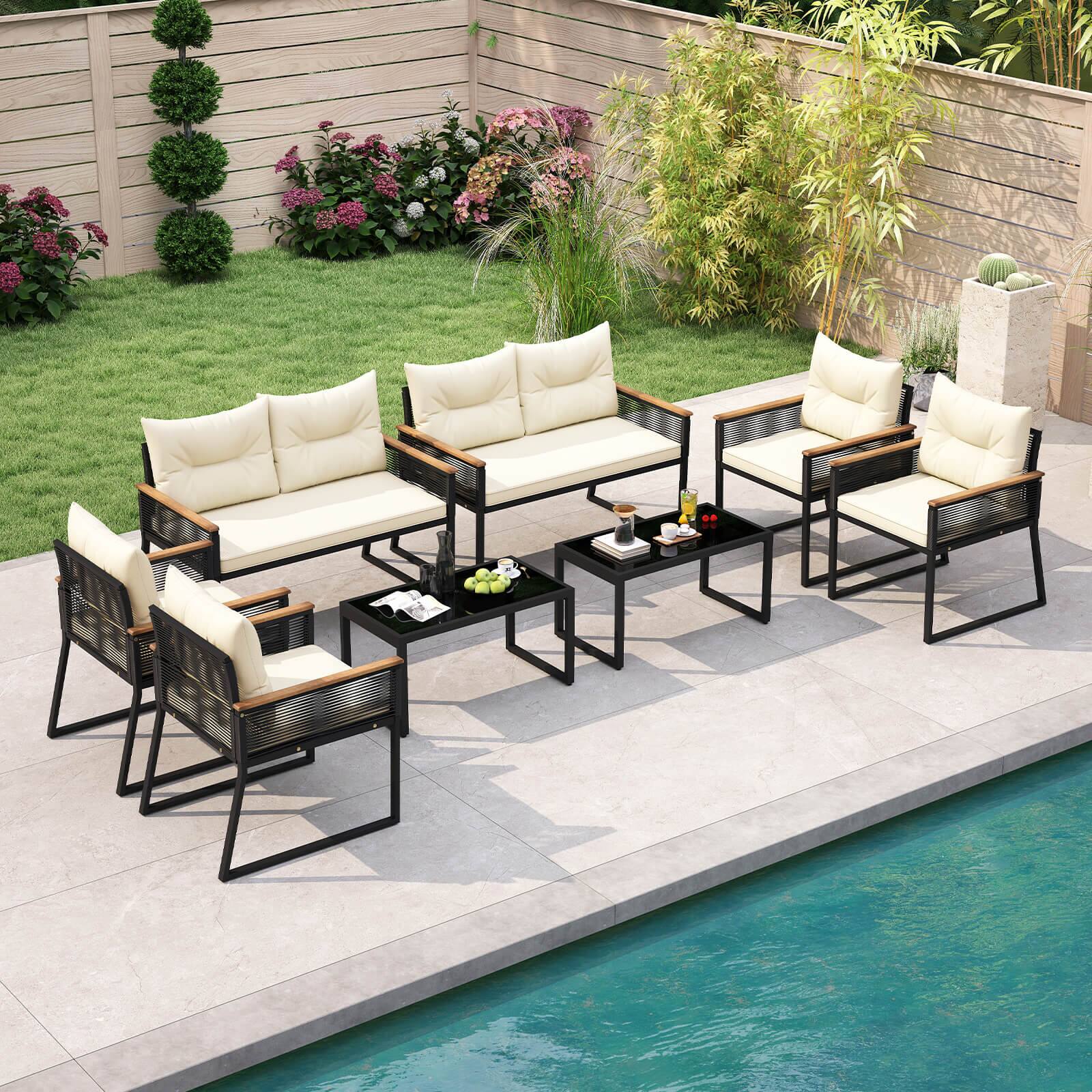 Alt View 1. Costway - Costway 8 PCS Patio Furniture Set with Tempered Glass Coffee Table PE Wicker Rattan Chairs - Black,Off White.