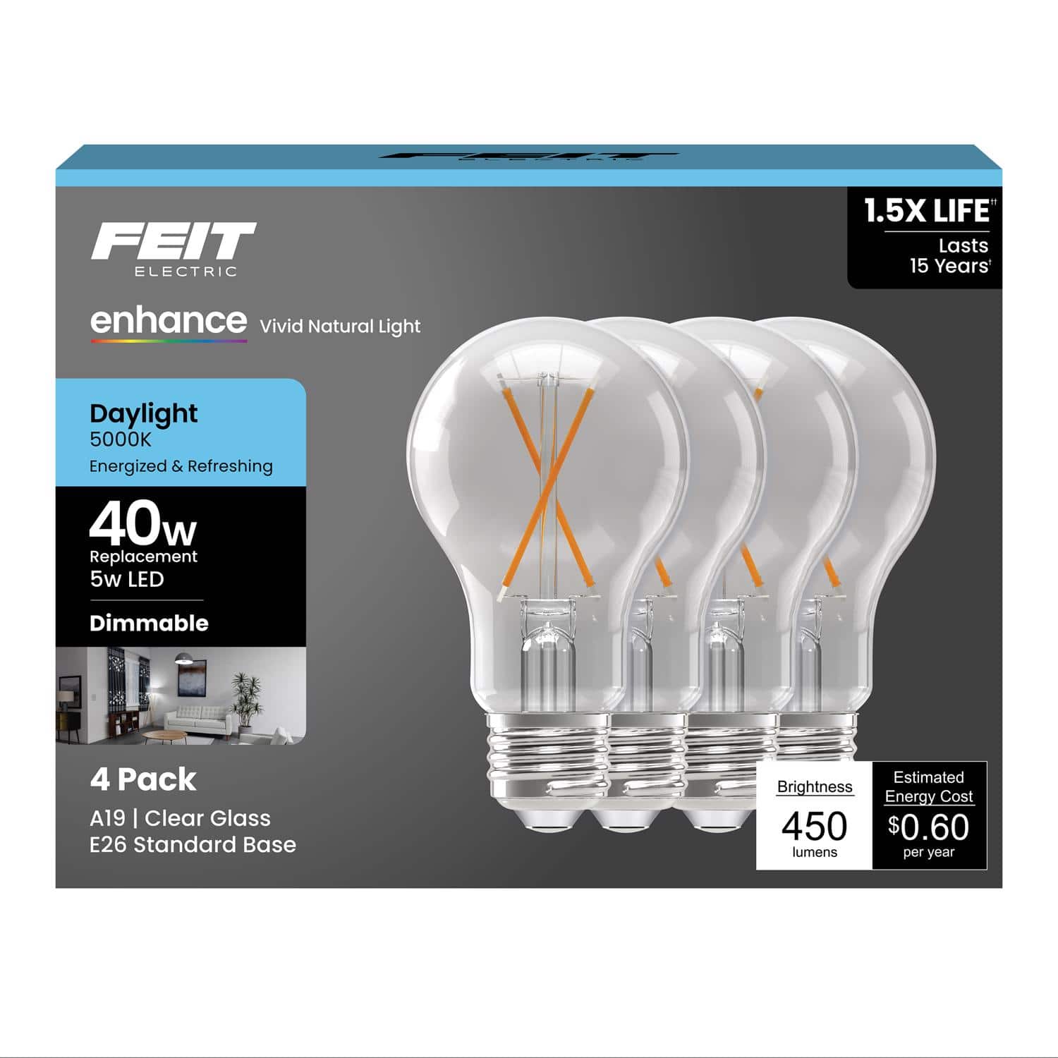 FEIT ELECTRIC - Feit Enhance A19 E26 (Medium) Filament LED Bulb Daylight 40 Watt Equivalence 4 pk