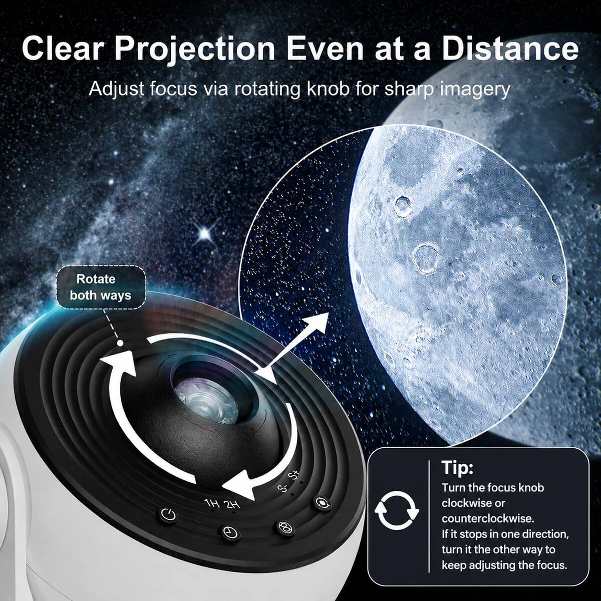 Clear Projection Even at a Distance  
Adjust focus via rotating knob for sharp imagery  

Rotate both ways  

Tip: Turn the focus knob clockwise or counterclockwise. If it stops in one direction, turn it the other way to keep adjusting the focus.