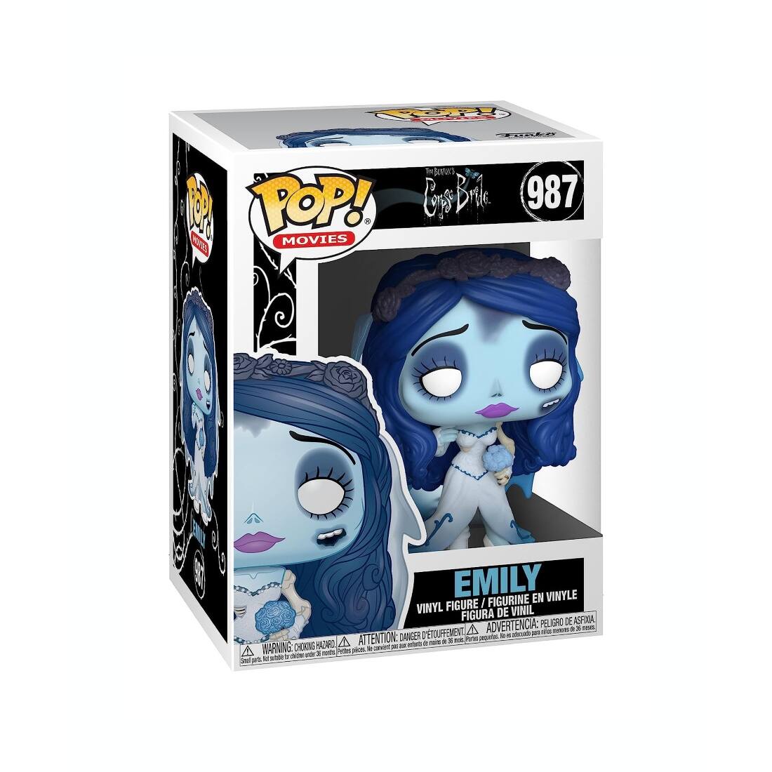 **Front:**

- POP! MOVIES
- Corpse Bride
- 987
- EMILY
- VINYL FIGURE / FIGURINE EN VINYLE / FIGURA DE VINIL
- DANGER DE SUFFOCATION / ADVERTENCIA: PELIGRO DE ASFIXIA / ATTENTION: DANGER DE SOUFFOCATION

**Side:**

- POP! MOVIES
- EMILY
- VINYL FIGURE / FIGURINE EN VINYLE / FIGURA DE VINIL
- WARNING: CHOKING HAZARD - SMALL PARTS. Not for children under 3 years. / AVERTISSEMENT: PELIGRO DE ASFIXIA - ADVERTENCIA: PELIGRO DE ASFIXIA - ATTENTION: DANGER DE SOUFFOCATION - SMALL PARTS. Not suitable for children under 3 years.