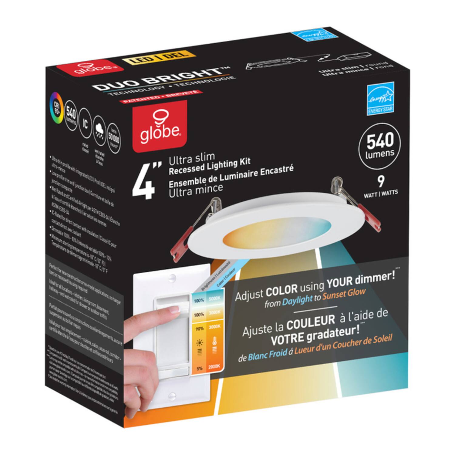 LED DEL 1E6 Aliee roste rond cl6be - LALe CALe Fnc DUO BRIGHT TECHNOLOGIE 0J0BT 9UA PREER Milmoy CR STAR 540 ENERGY IC W 50 000 globe. 540 slim lumens Ultra Lighting Kit Recessed Luminaire Encastr 4 Ensemble de 9 Ultra mince I WATTS WATT Brighthess Cobor YOUR dimmer! COLOR using Glow S000K Adjust to Sunset 100% Daylight from 100% 3000K de COULEUR l'aide 90% 3000K la Ajuste VOTRE gradateur!" Soleil Coucher de Lueur d'un de Blanc Froid 5% 2000K

---

**Corrected Text:**

LED DEL 1E6 Aliee roste rond cl6be - LALe CALe Fnc DUO BRIGHT TECHNOLOGIE 0J0BT 9UA PREER Milmoy CR STAR 540 ENERGY IC W 50 000 globe. 540 slim
