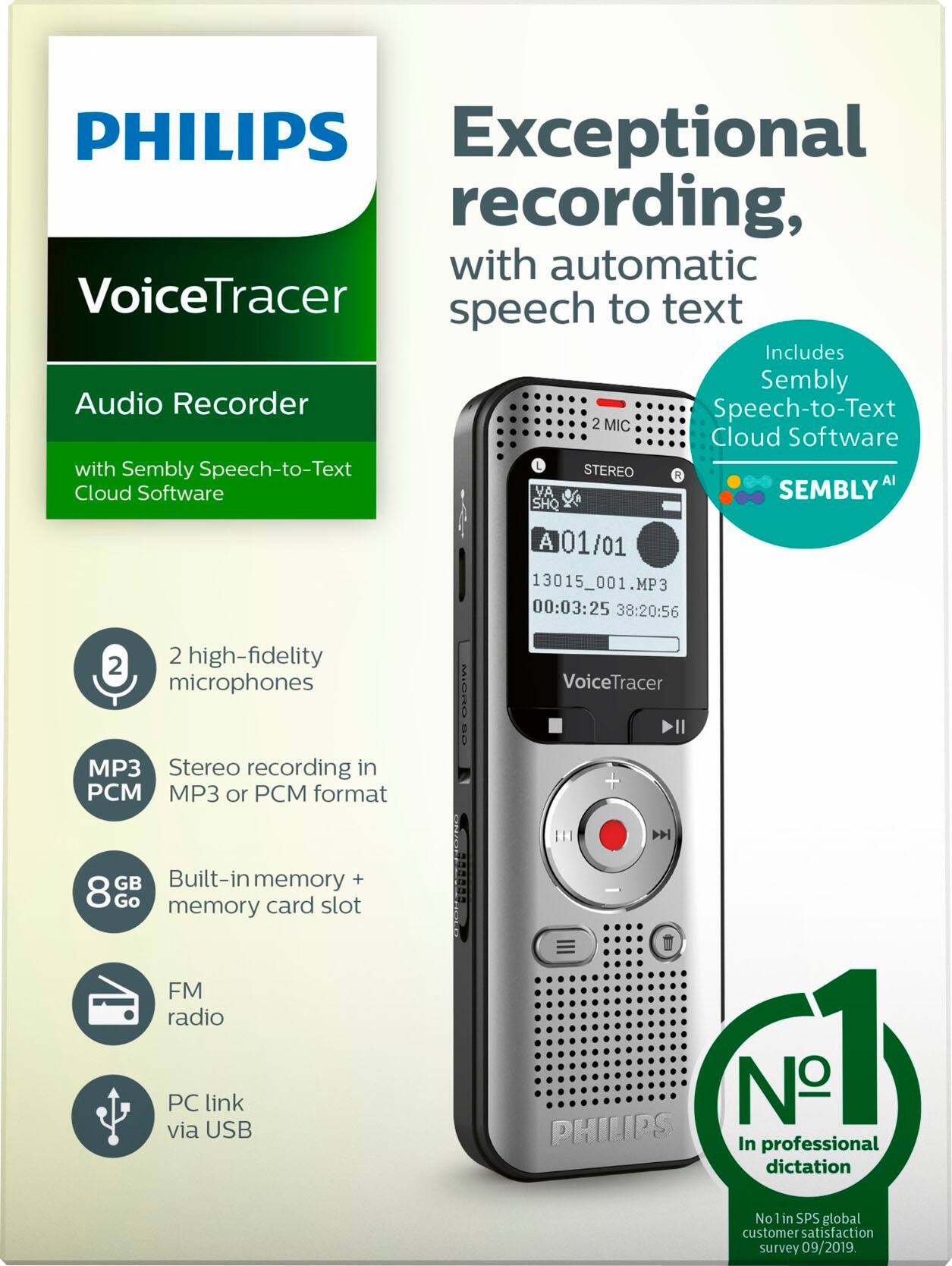 Alt View 12. Philips - VoiceTracer DVT2015 8GB Voice Recorder with Sembly Cloud Speech-to-Text Software.
