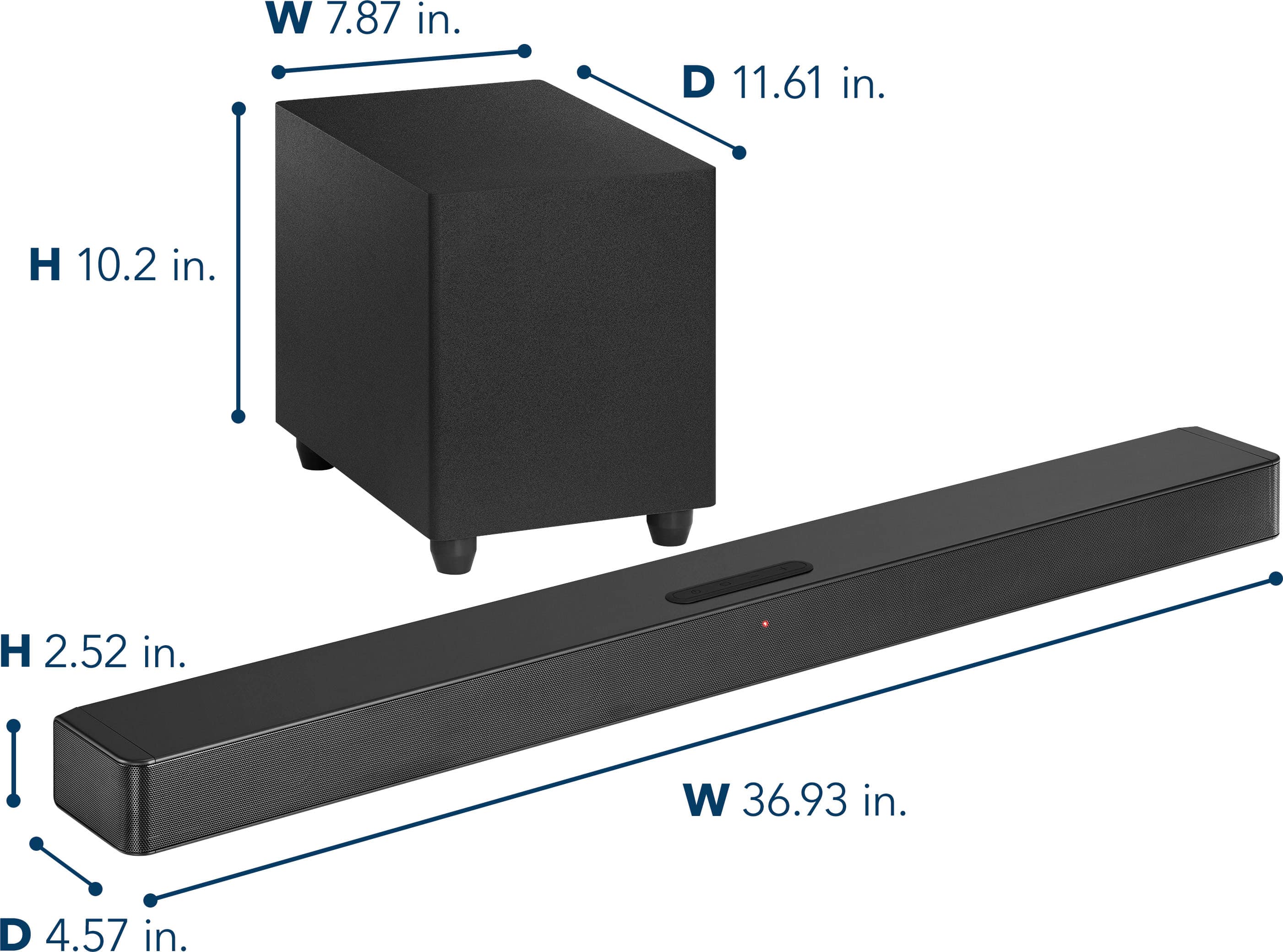 The image features a black box and a black speaker. The black box is placed on top of the speaker. The speaker is 36.93 inches wide, 4.57 inches deep, and 10.2 inches high. The black box is 7.87 inches wide, 11.61 inches deep, and 2.52 inches high.